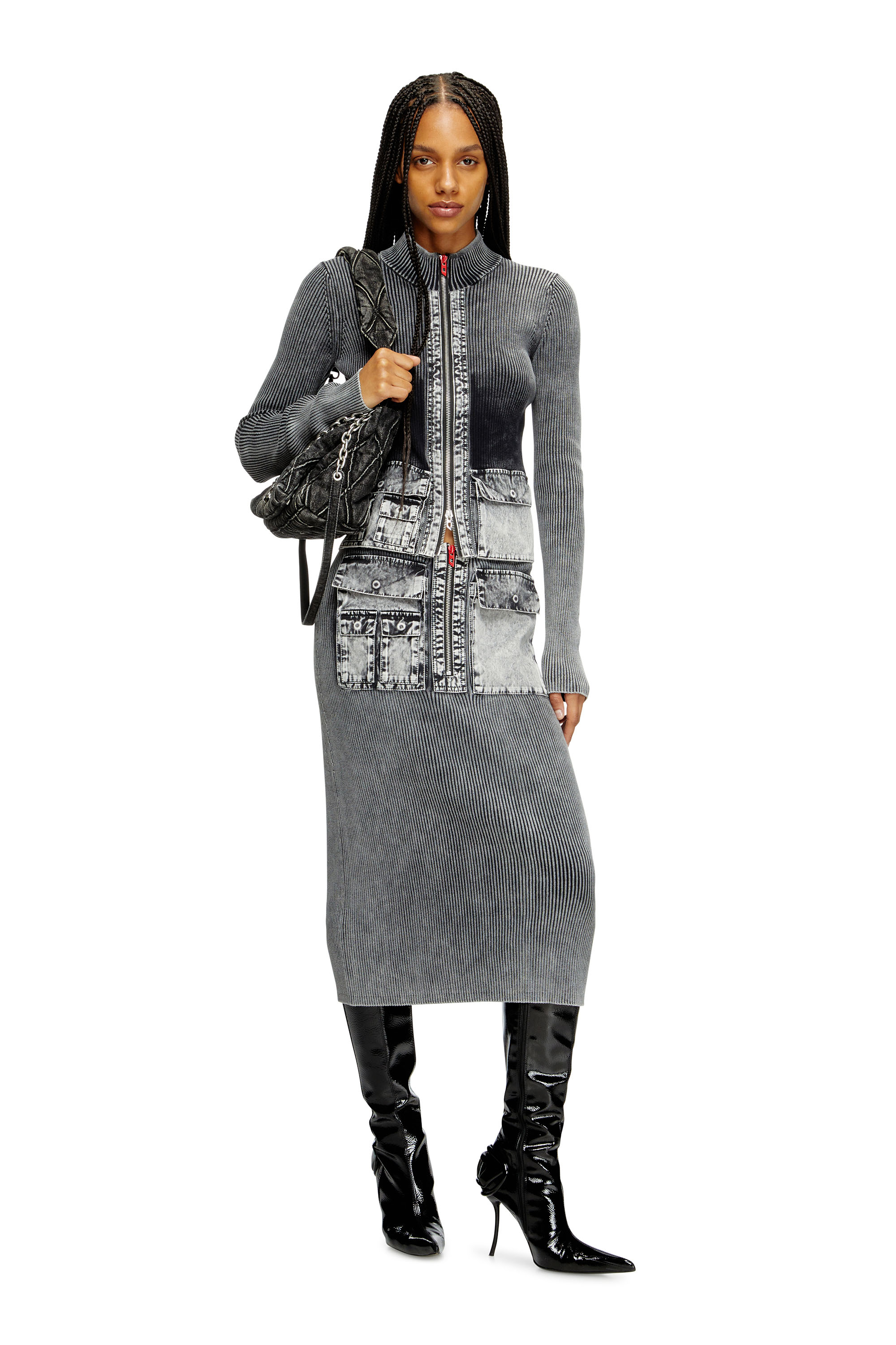 Diesel - M-MERYN, Woman's Knit midi skirt with denim cargo pockets in Dark grey - 2