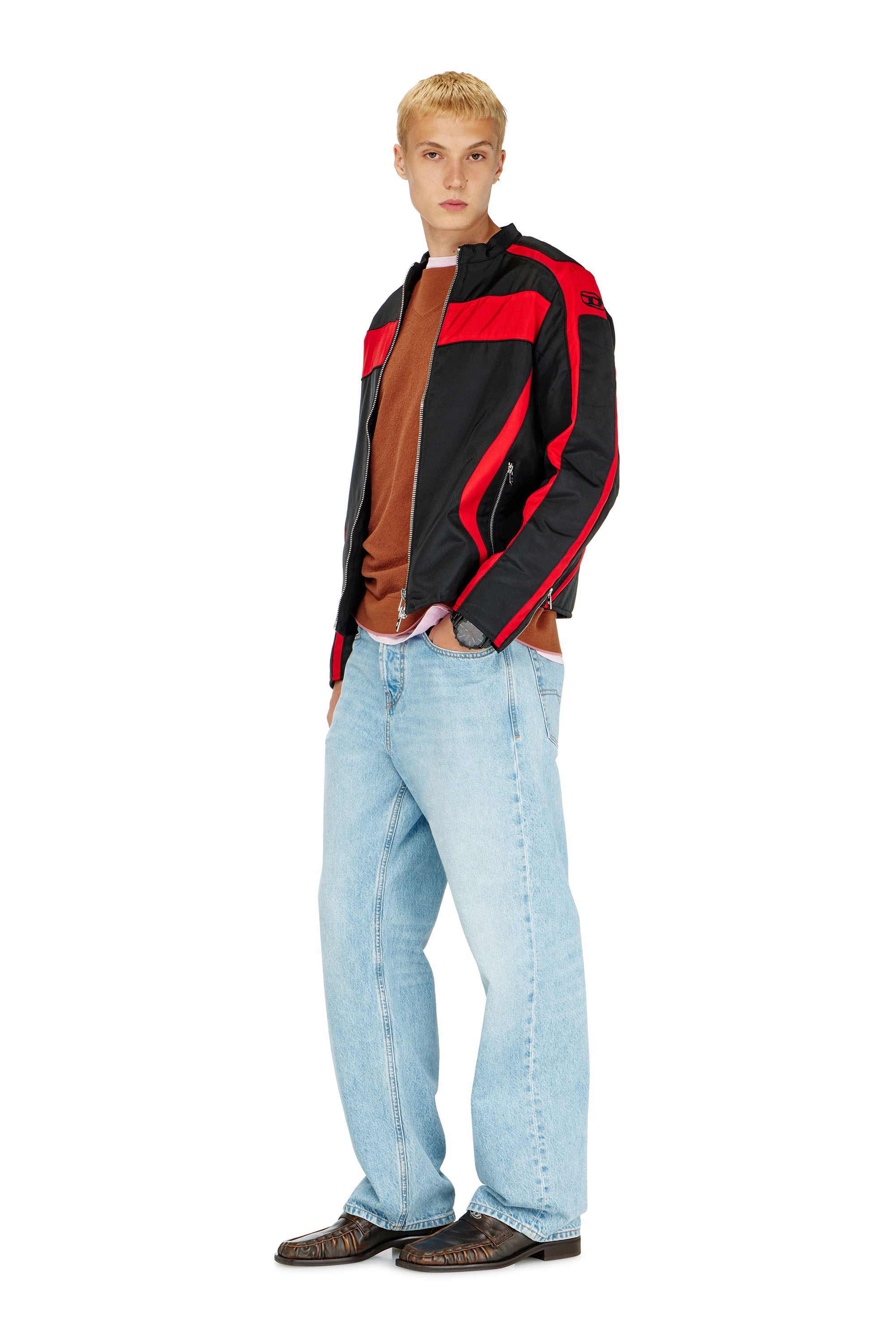 Diesel - J-ADAM-PDAI, Man's Biker jacket in colour-block canvas in Black/Red - 2