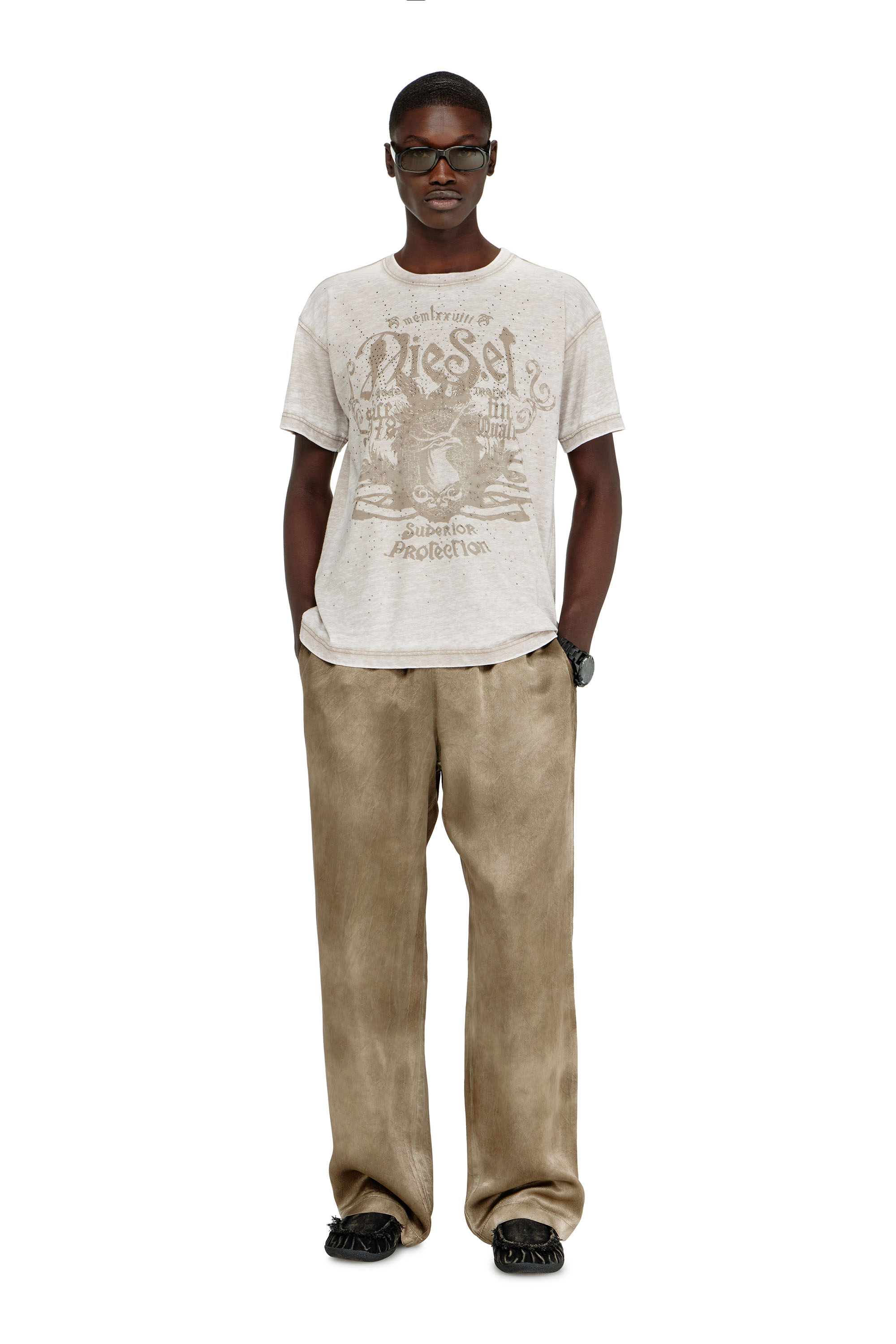 Diesel - T-NORM-AA8, Man's Jersey T-shirt with burnout wash and studs in Beige - 2