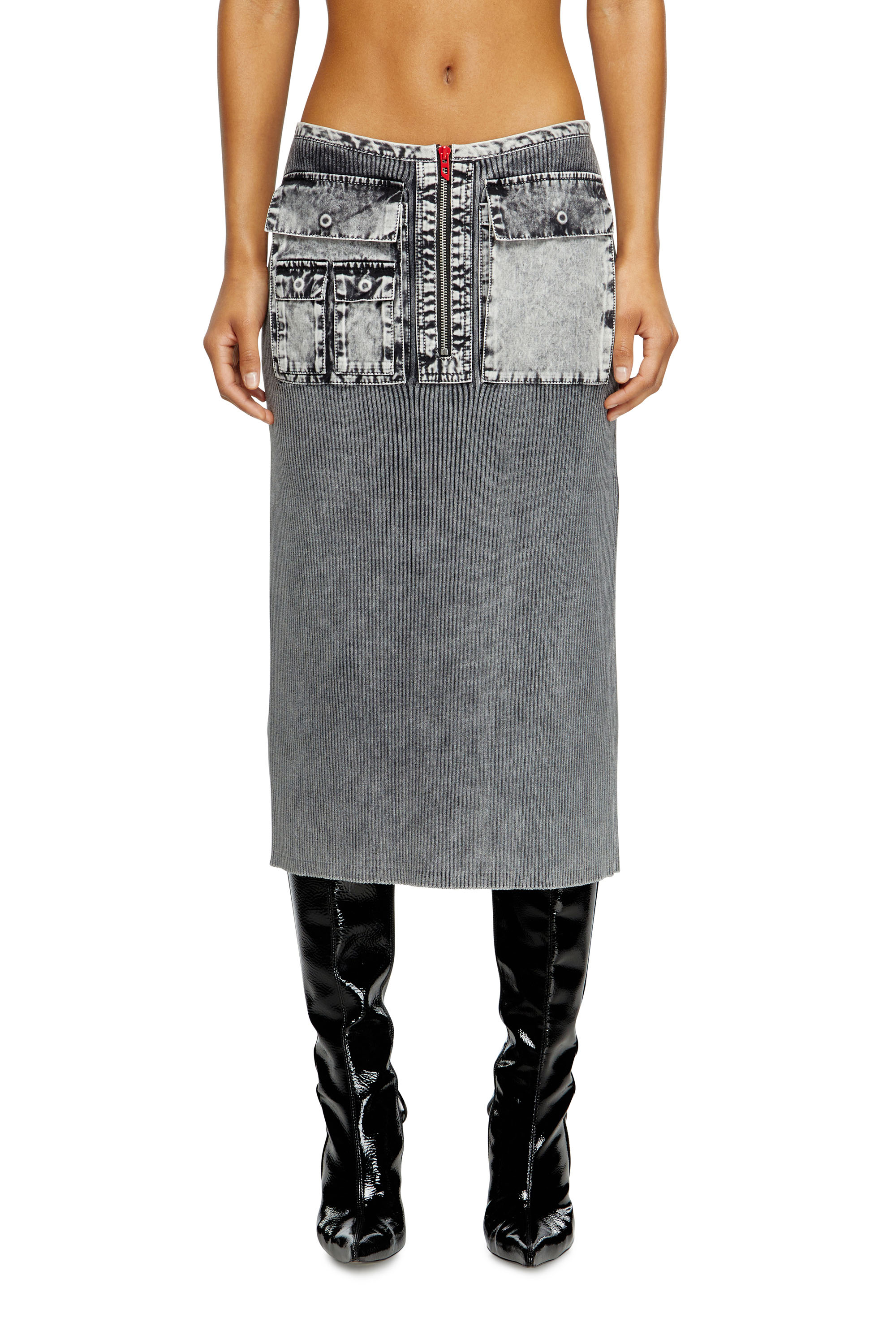 Diesel - M-MERYN, Woman's Knit midi skirt with denim cargo pockets in Dark grey - 1