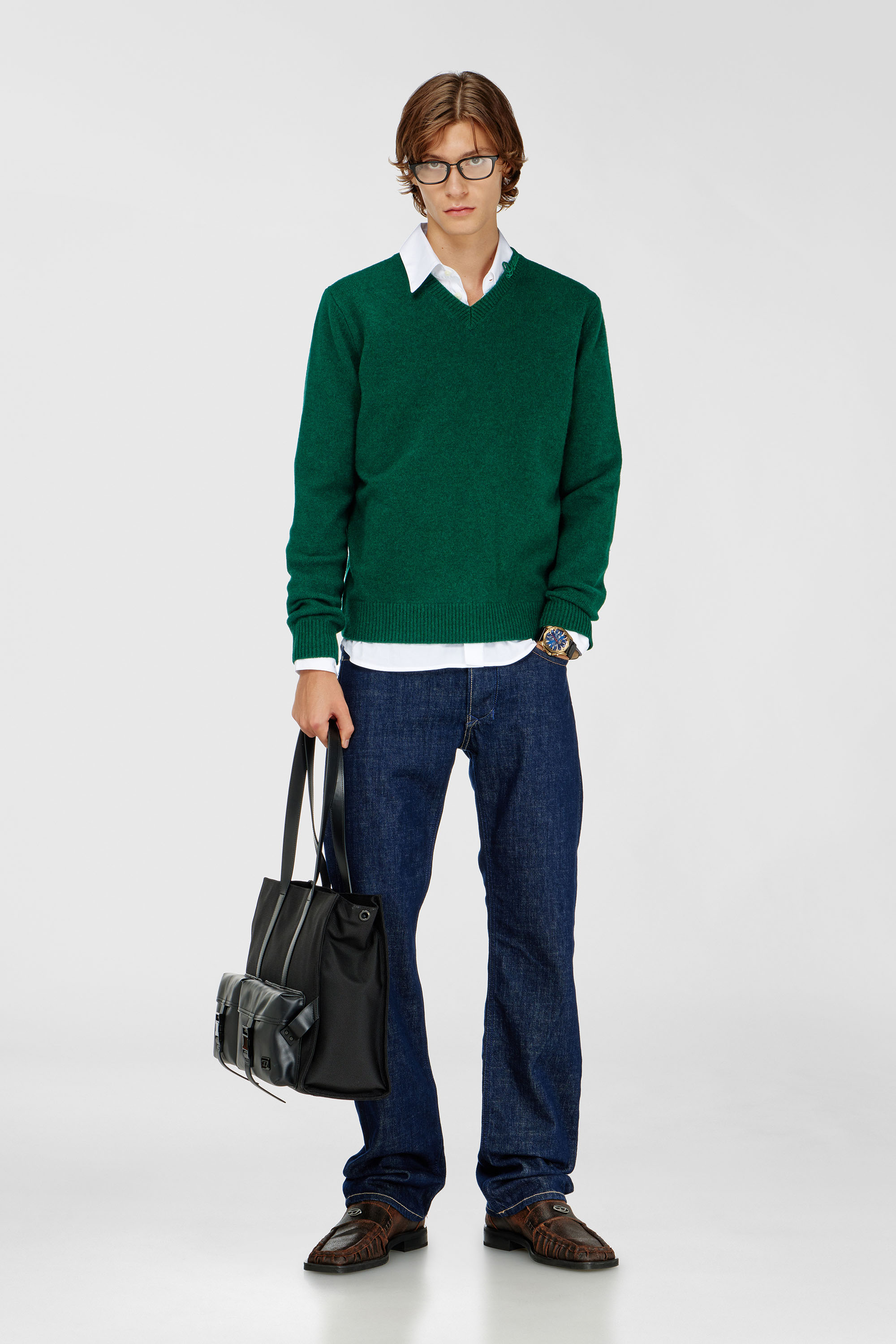 Diesel - K-IMER, Man's Wool V-neck jumper with neck logo in Green - 2