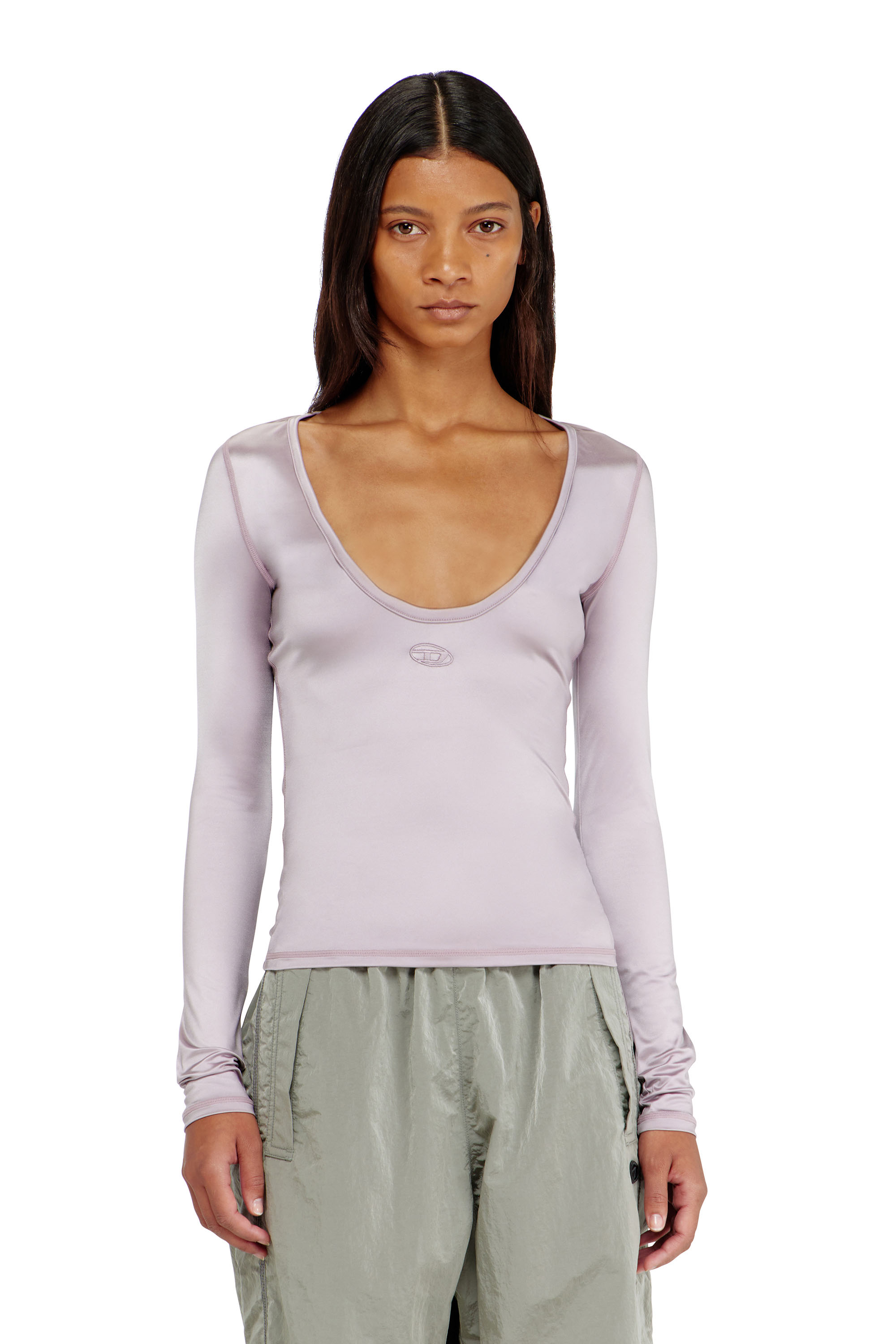Diesel - T-ELPHIN-LS, Woman's Nylon slim top scoop neck with Logo Oval D embroidery in Lilac - 3