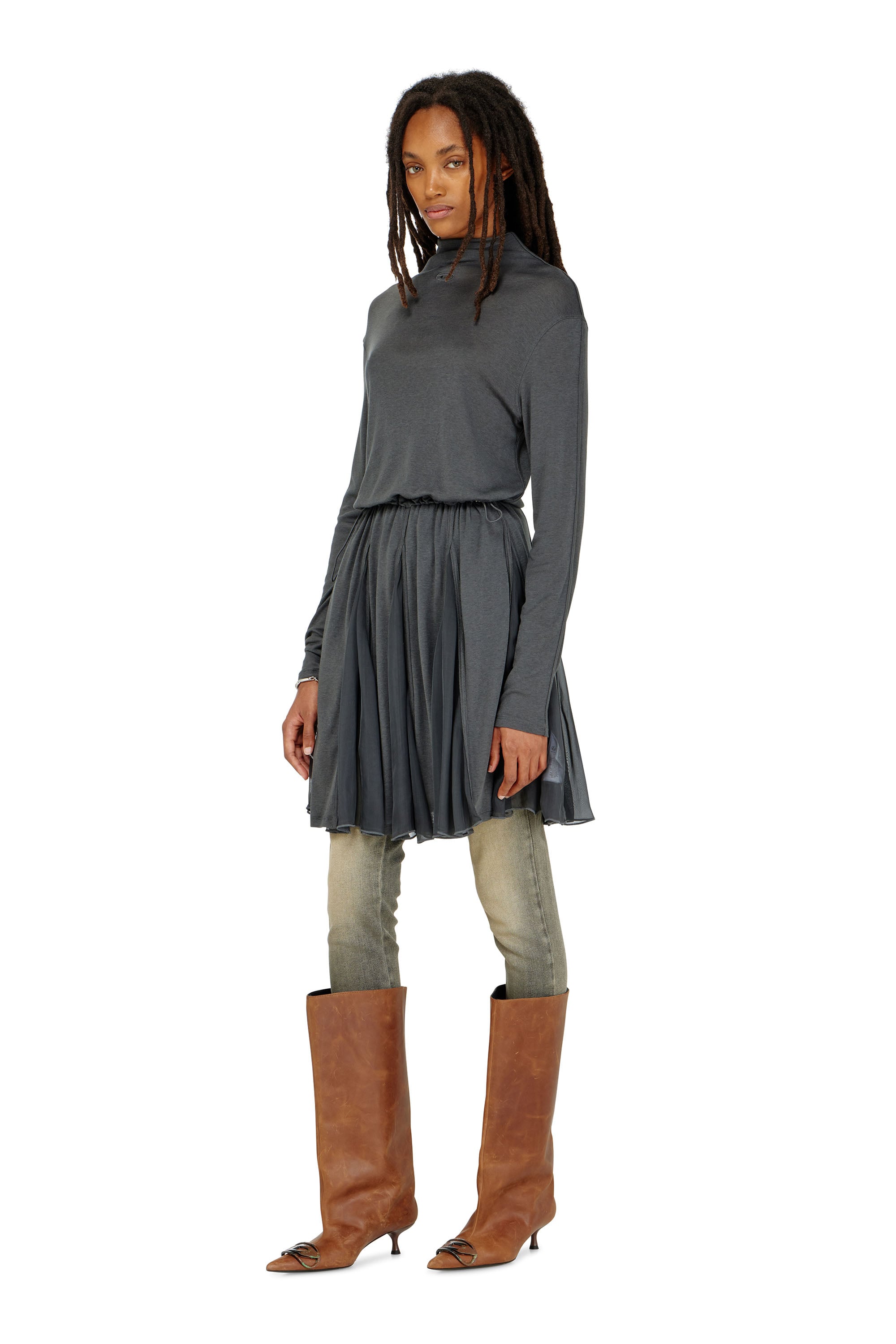 Diesel - D-REI, Woman's Turtleneck mini dress in jersey and chiffon in null - 2