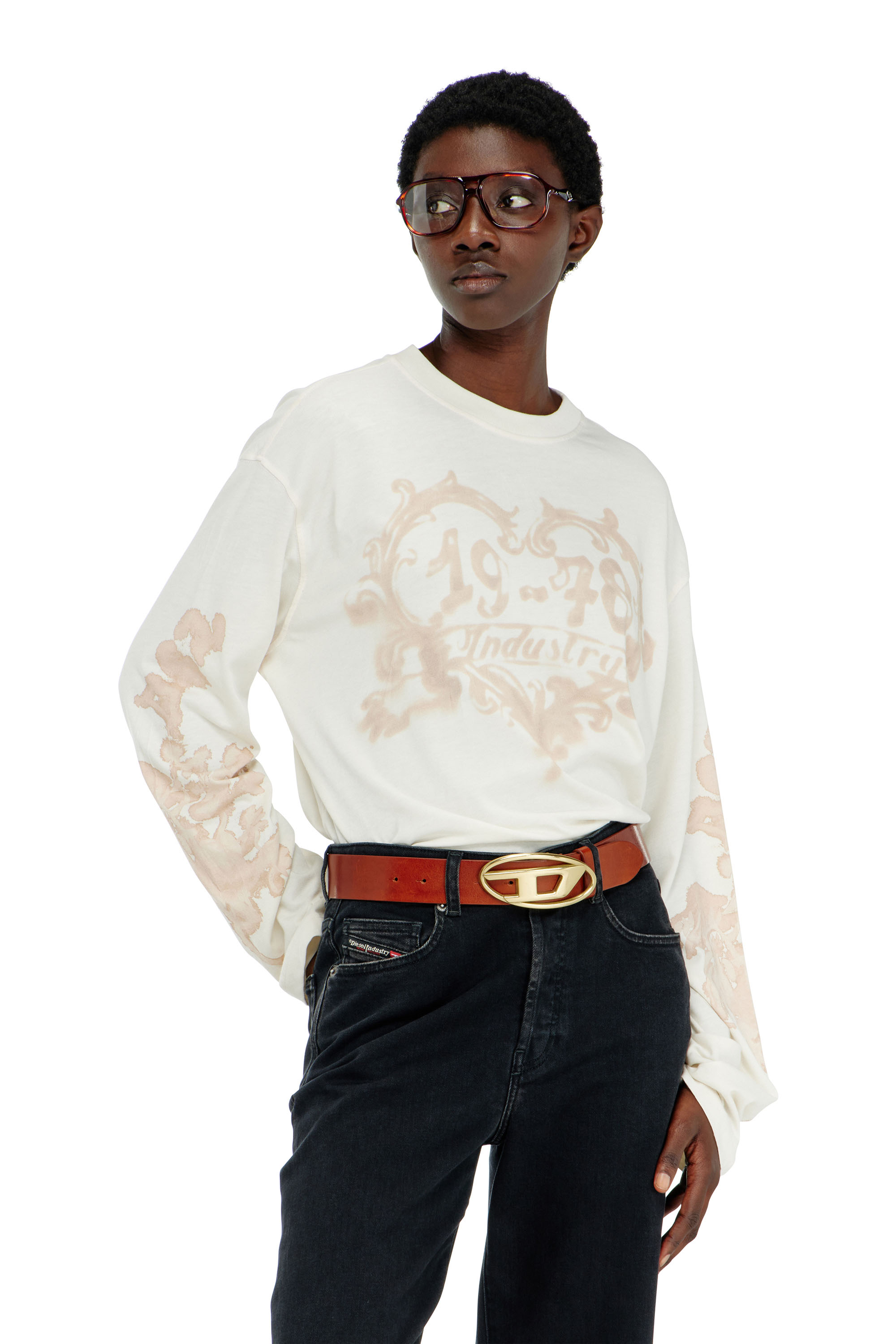 Diesel - T-HILARY-LS-AA1, Woman's Cotton long-sleeve T-shirt with graphic print in White/Pink - 1
