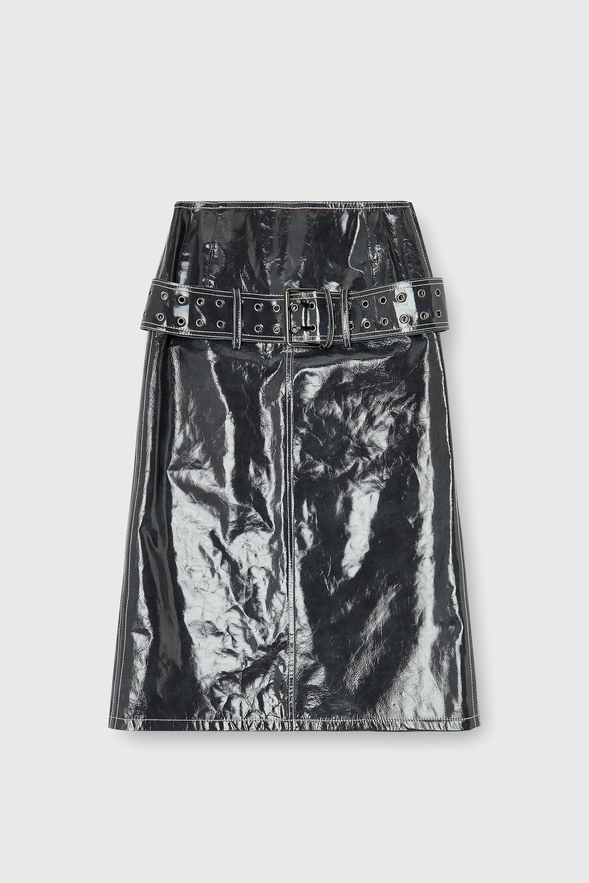 Diesel - L-ASCAR, Woman's Patent-leather midi skirt with belt in Dark grey - 2