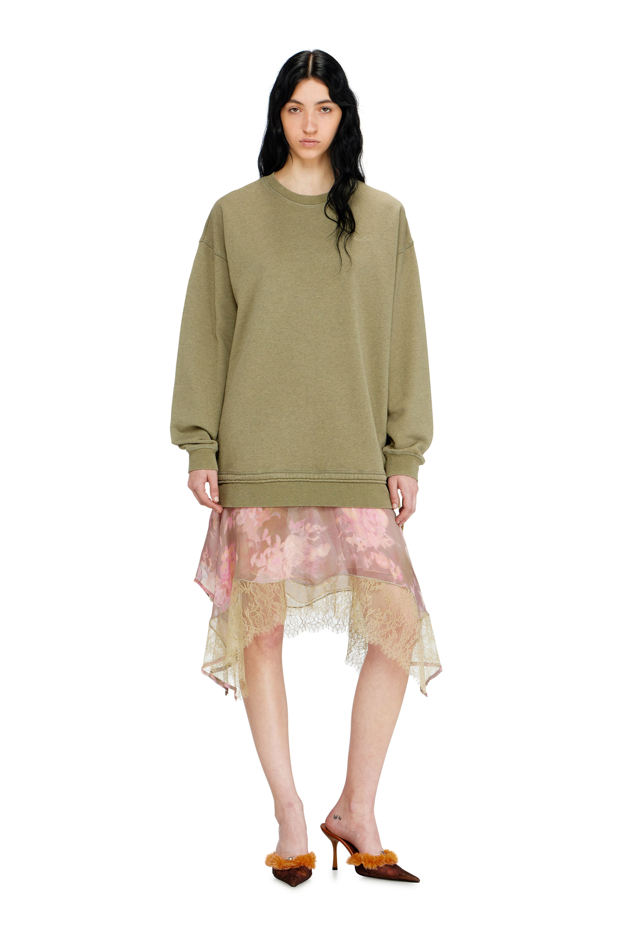Diesel - D-ORELY, Woman's Sweatshirt dress with chiffon and lace skirt in Pink/Green - 1