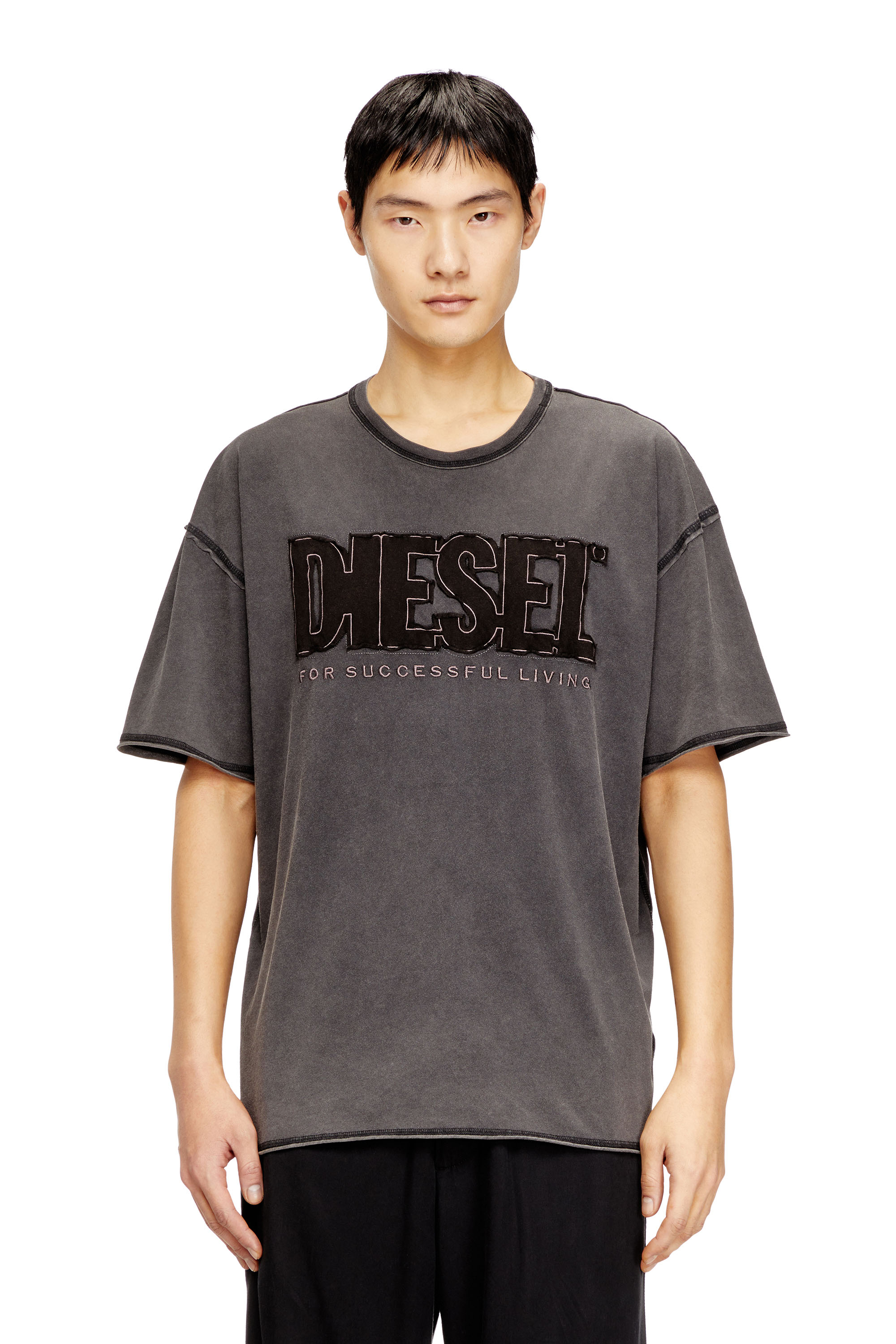 Diesel - T-RAWBOXT, Man's T-shirt with appliqué logo and raw edge in Black/Grey - 1
