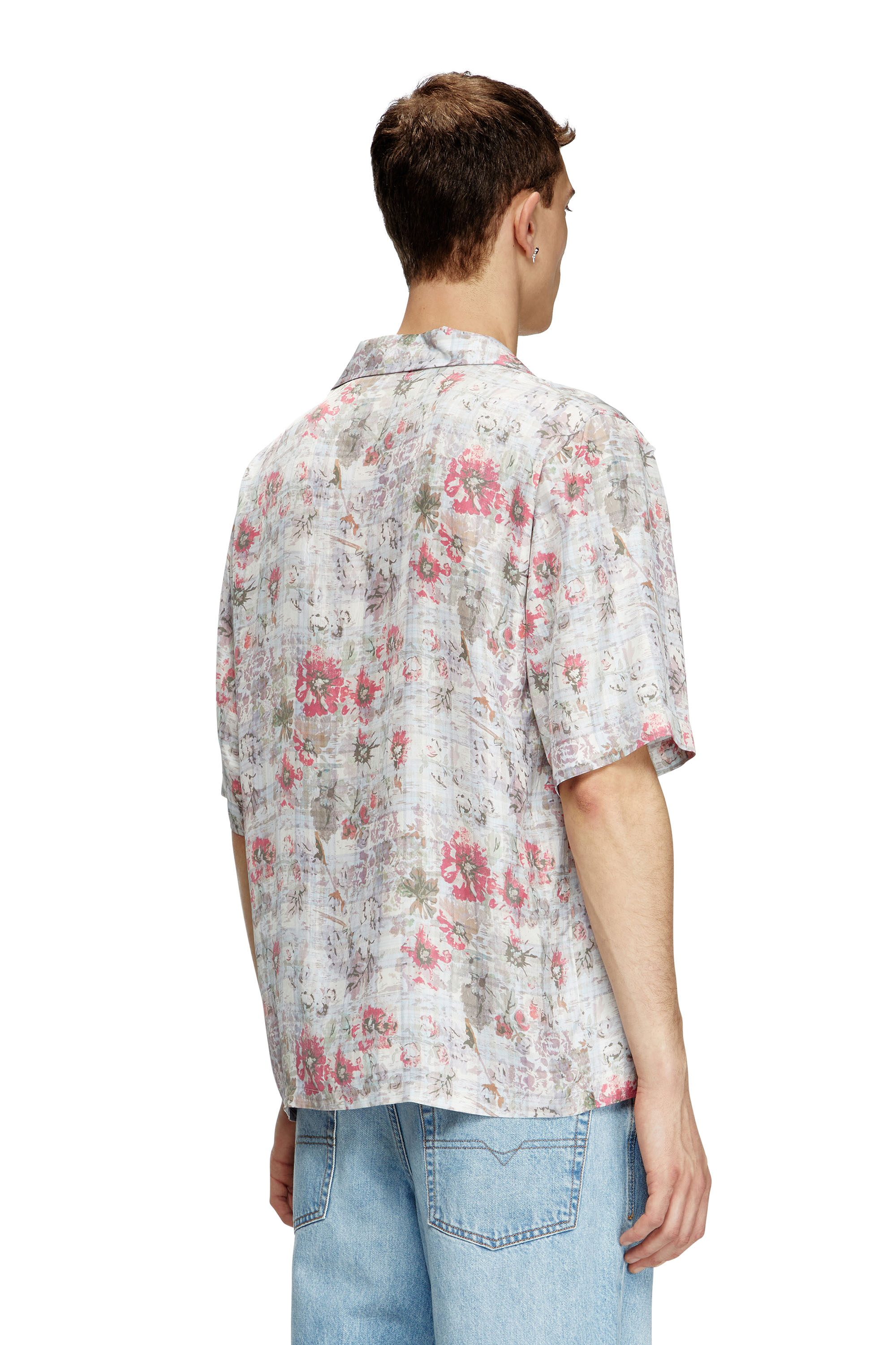 Diesel - S-LEYS, Man's Bowling shirt with floral print in Blue/Pink - 4