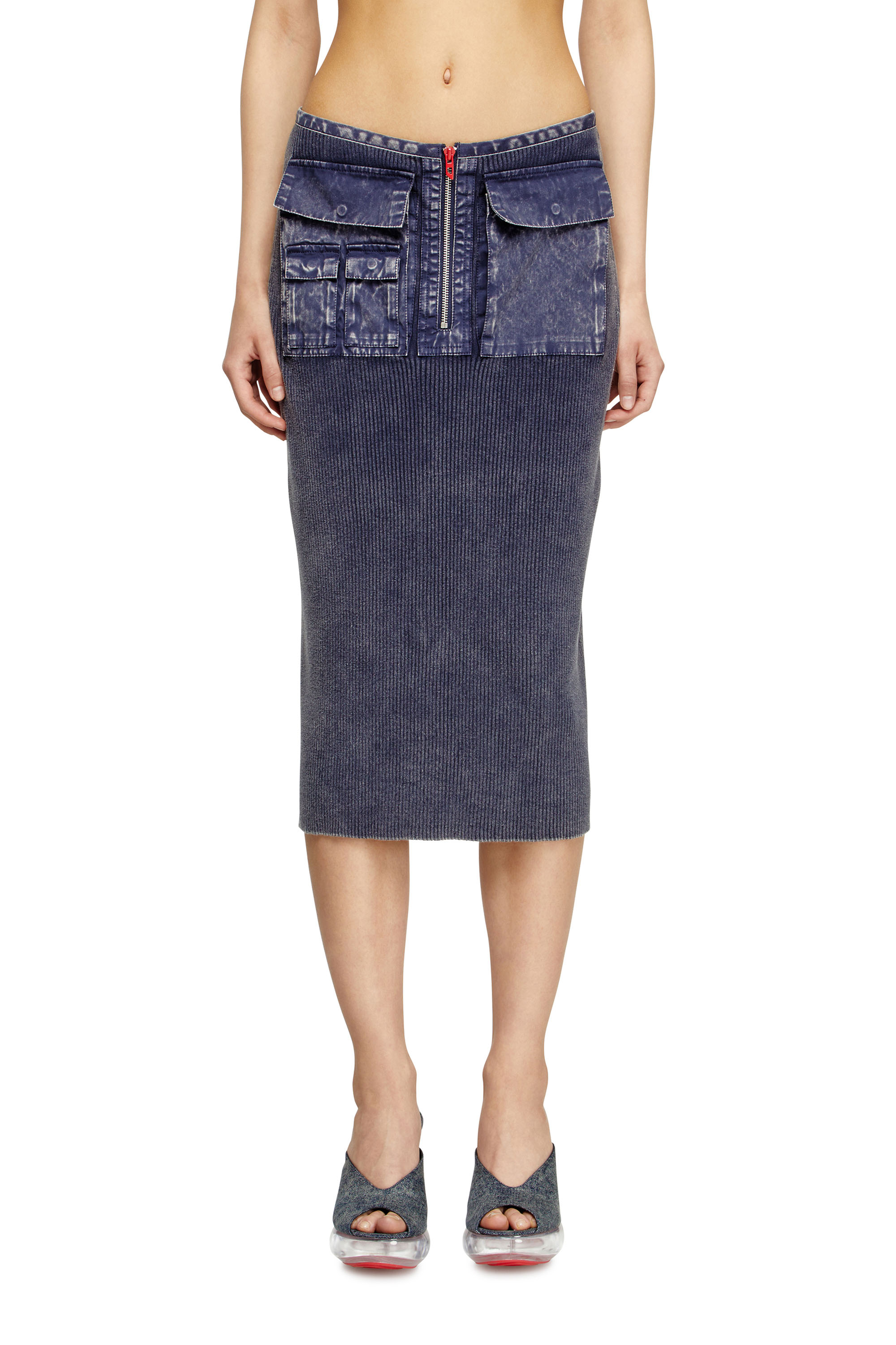 M-MERYN, Blue Diesel - M-MERYN, Woman's Knit midi skirt with denim cargo pockets in Blue - 3