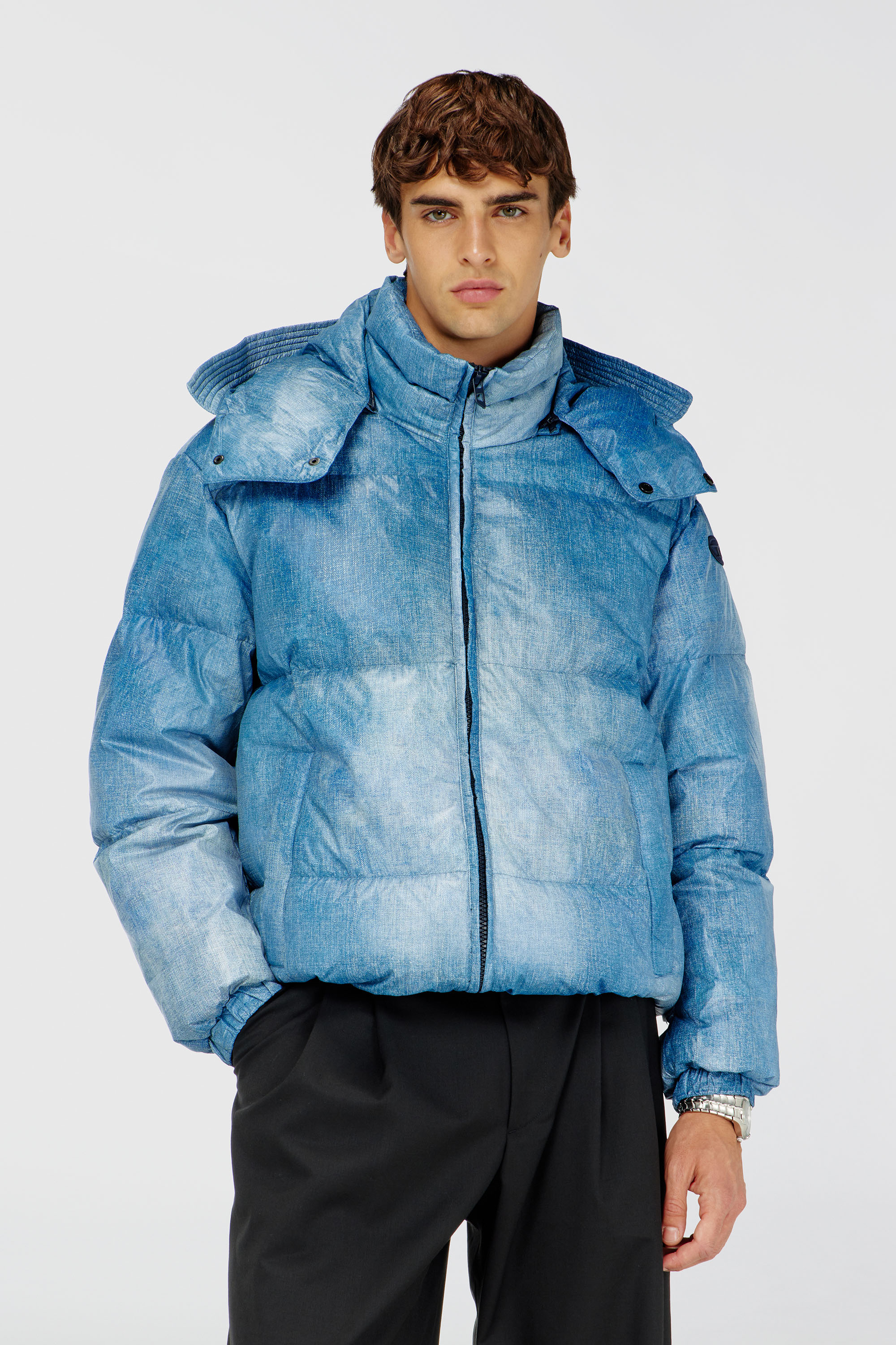 Diesel - W-ROLLY-WRD-BFBN, Man's Hooded down jacket with denim-effect print in Light Blue - 1