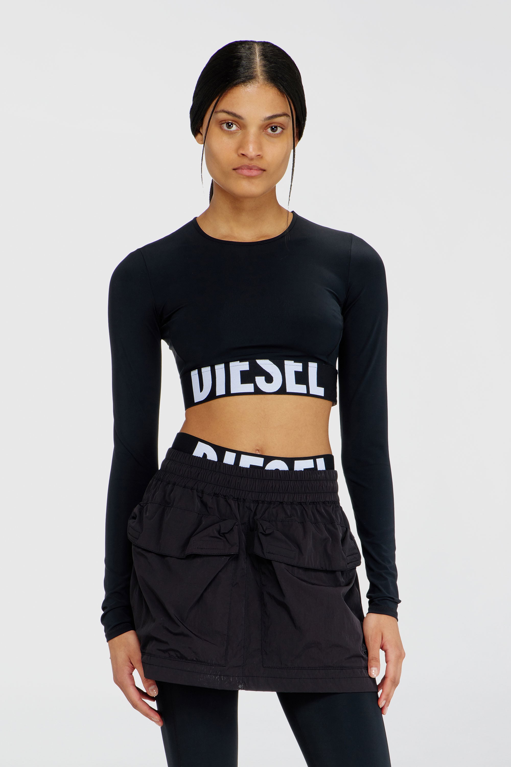 Diesel - MELISSA-D-POP, Woman's Microfibre crop top with cut-off logo in Black - 2