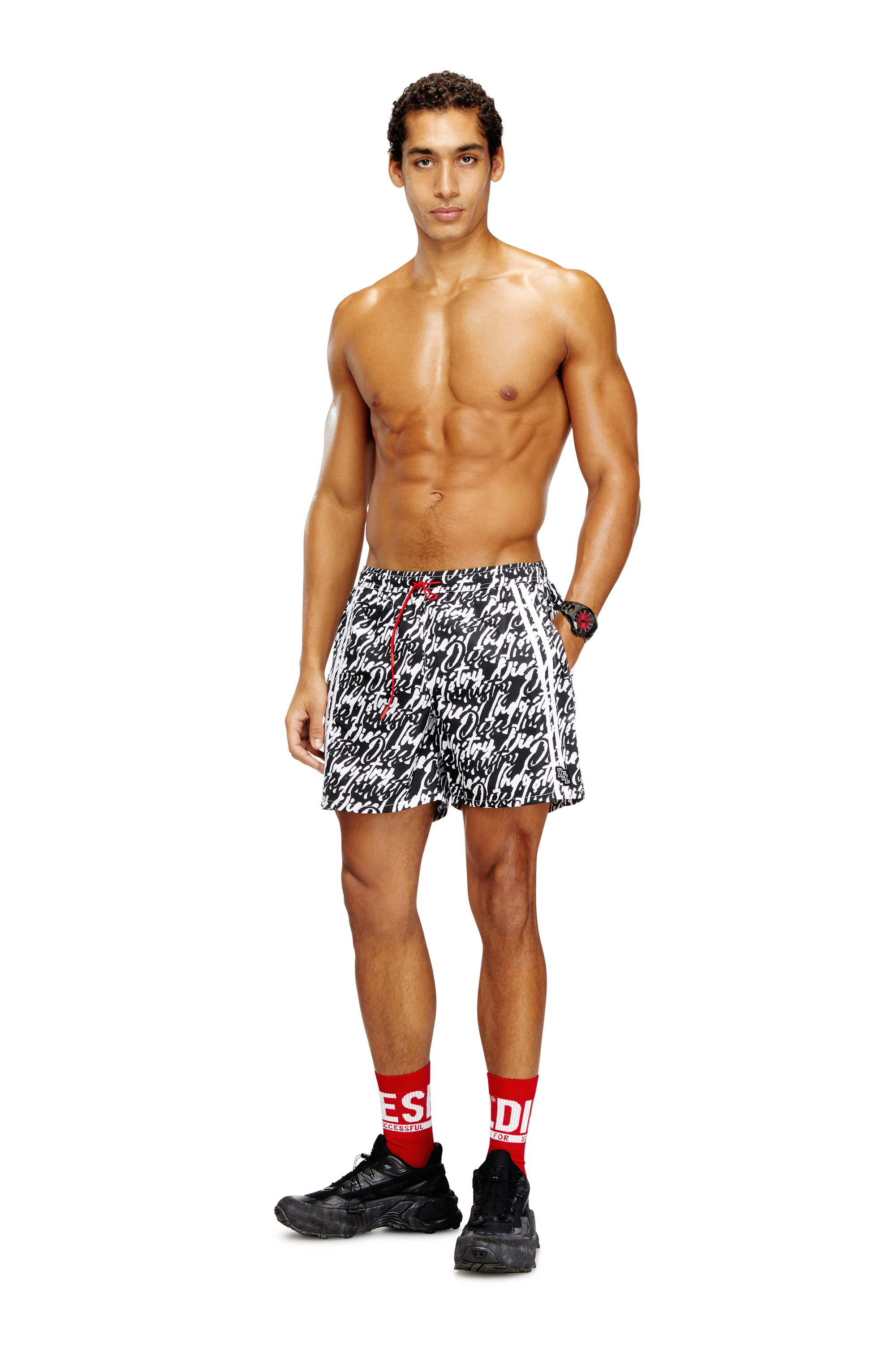 Diesel - SOCCER-41-D-POP, Man's Swim shorts with all-over logo print in Black/White - 1