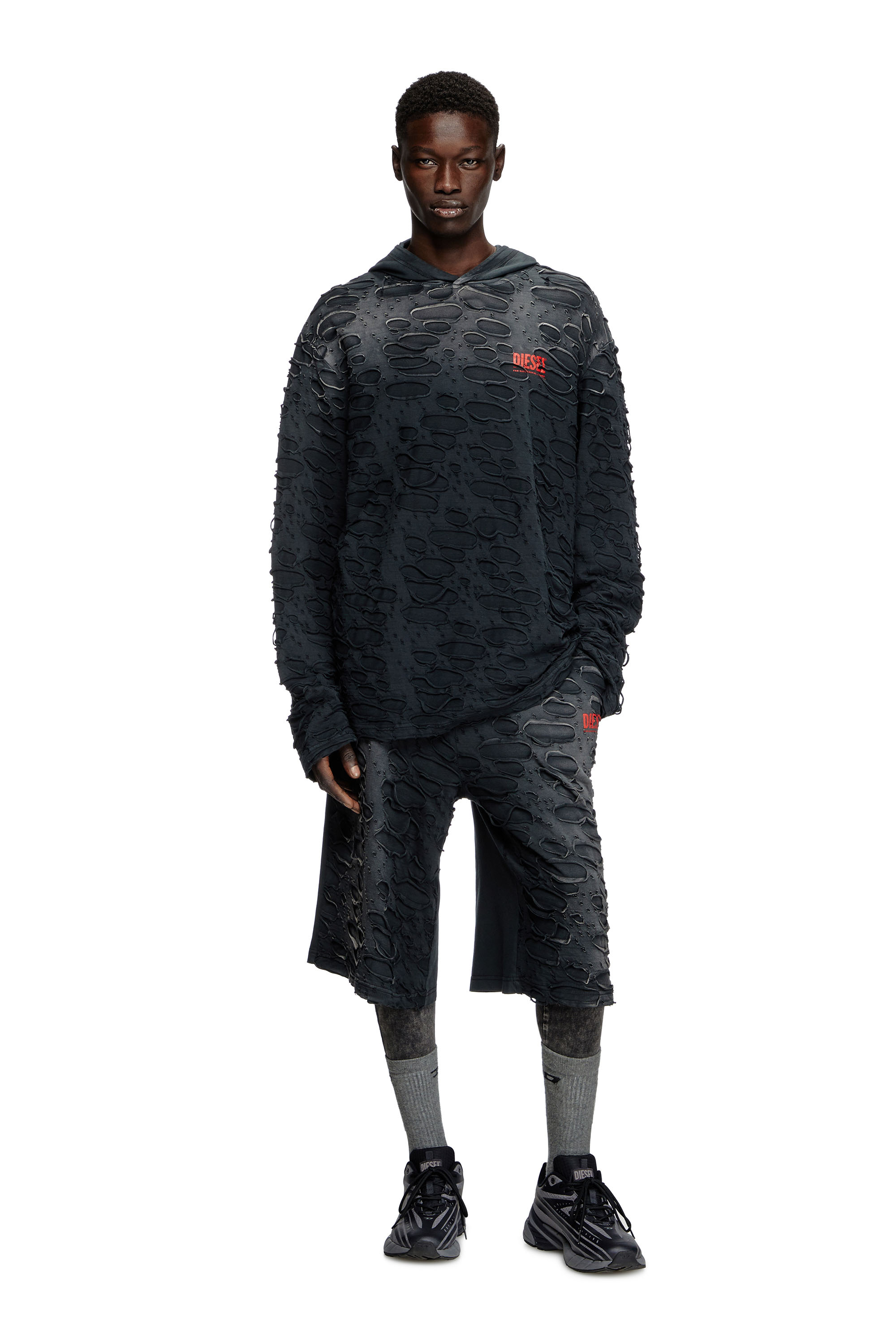 Diesel - T-CRANE-LS-HOOD, Man's Hooded long-sleeve T-shirt with holes in Black - 1