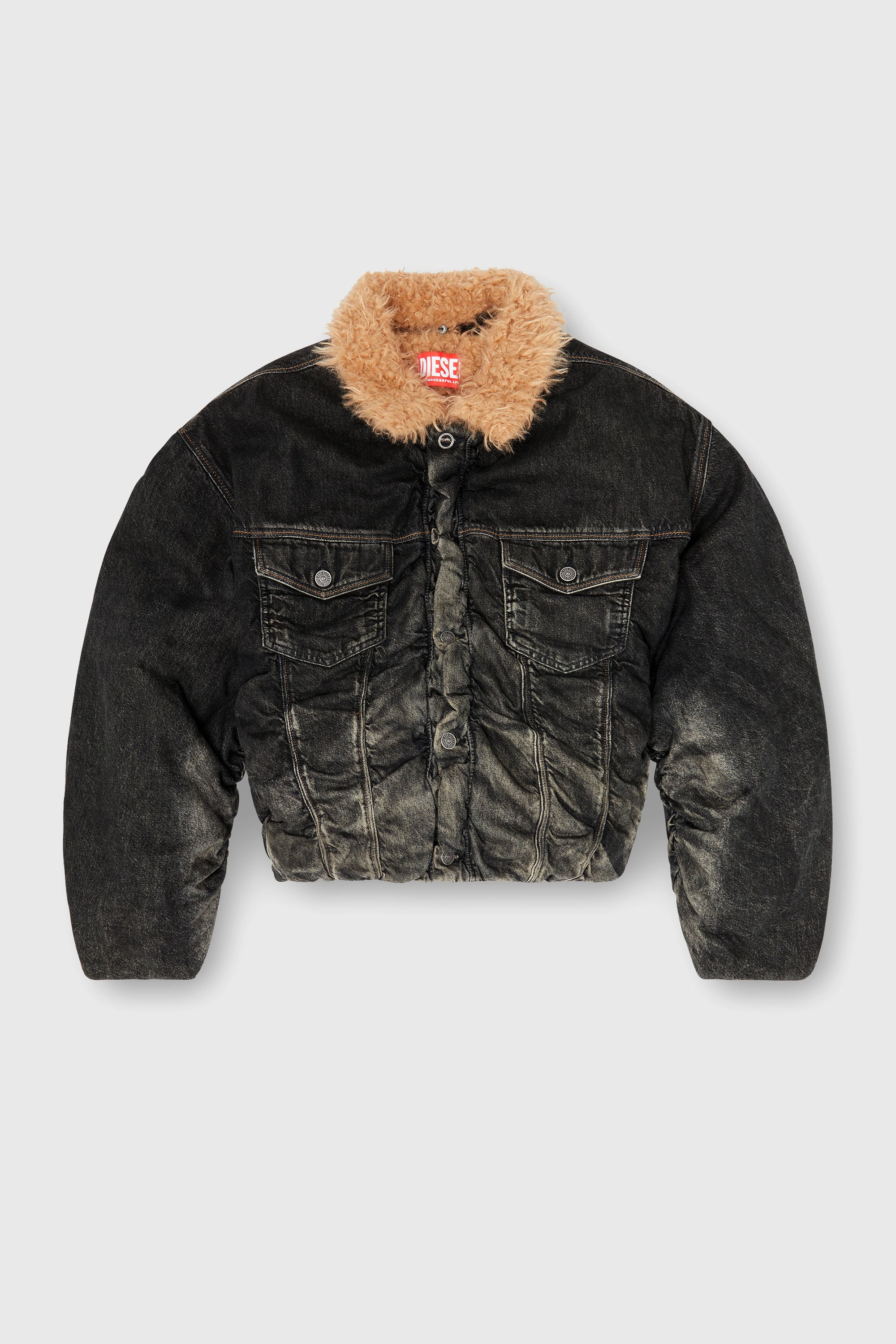 Diesel - D-CURLY-FSJ, Unisex's Teddy-lined trucker jacket in dirty-effect denim in Black - 2