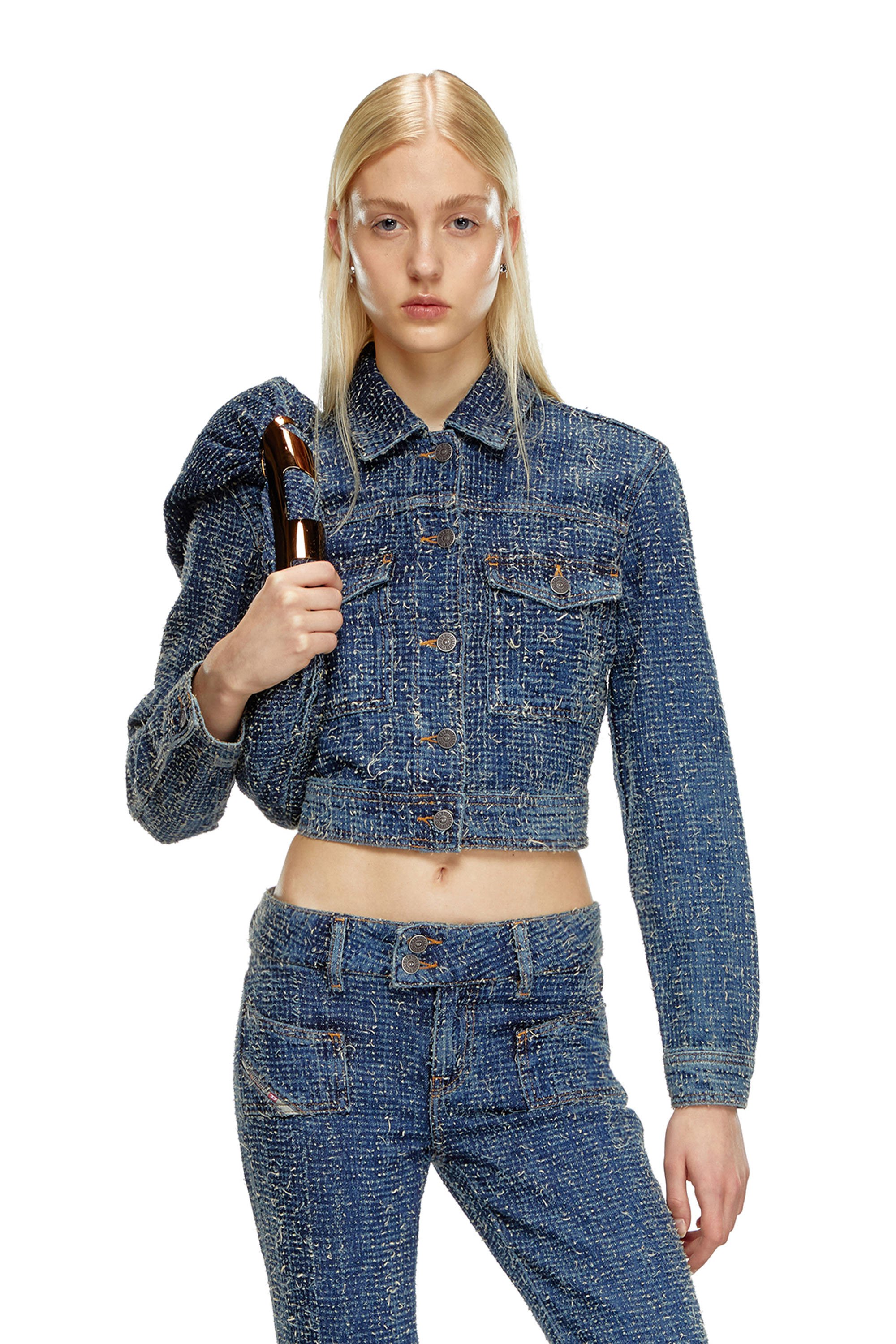 Diesel - DE-ATEL-S, Woman's Cropped jacket in boucl&eacute; denim in Medium blue - 3