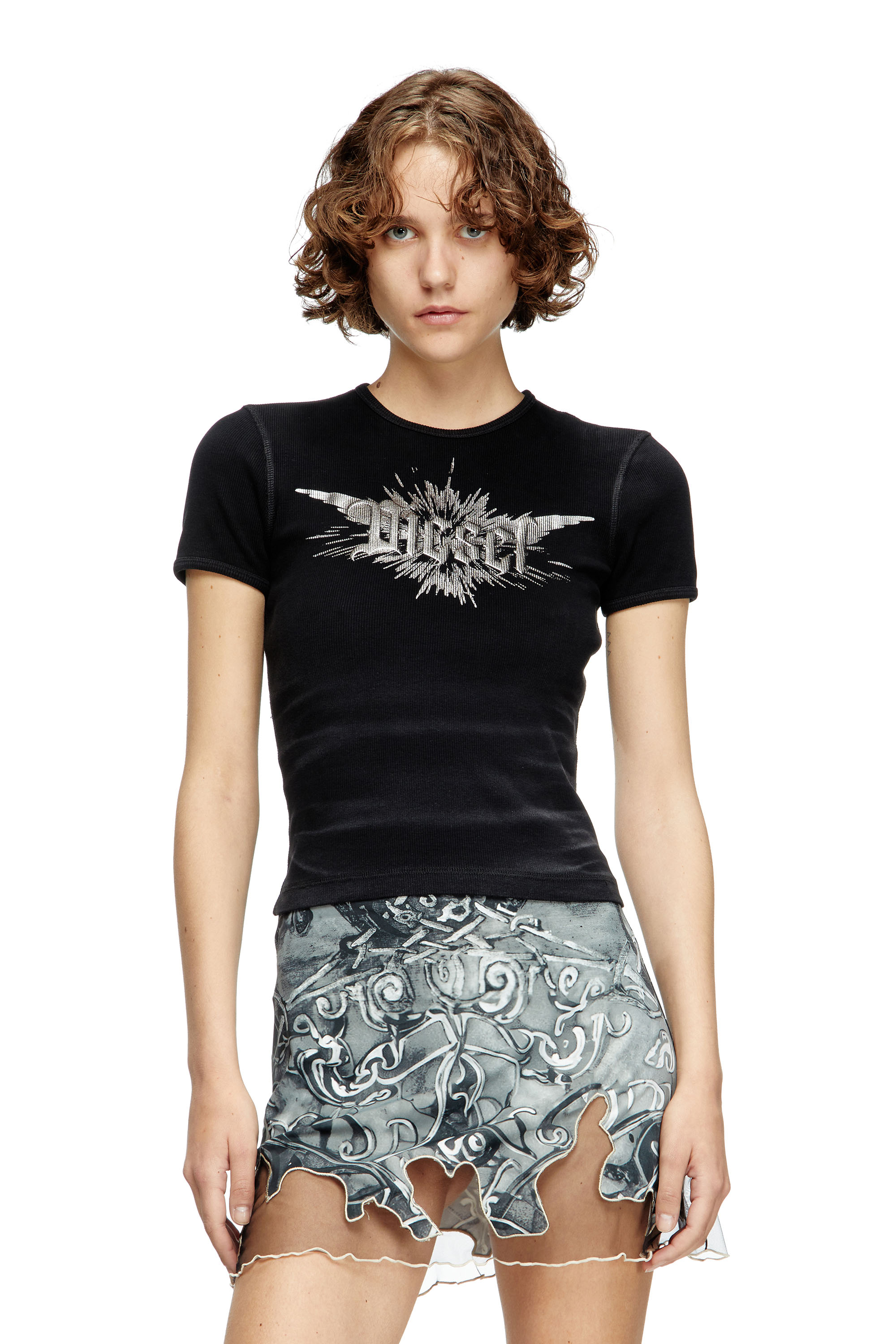 Diesel - T-ELE-LONG-P2, Woman's T-shirt with winged Diesel foil print in Black - 1