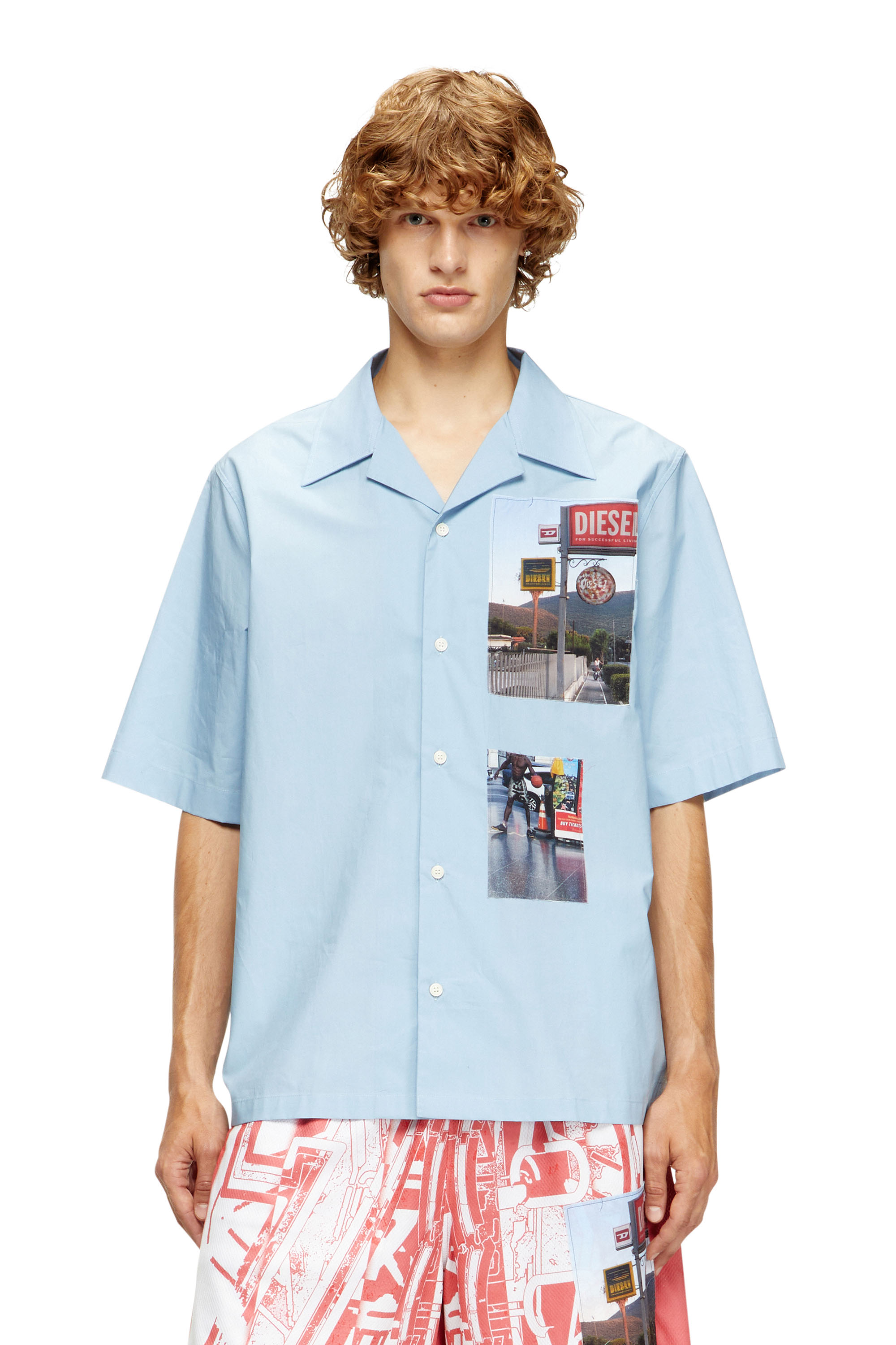 Diesel - S-BRACK-A-AJFY, Man's Short-sleeve shirt with logo photo patches in Light Blue - 3