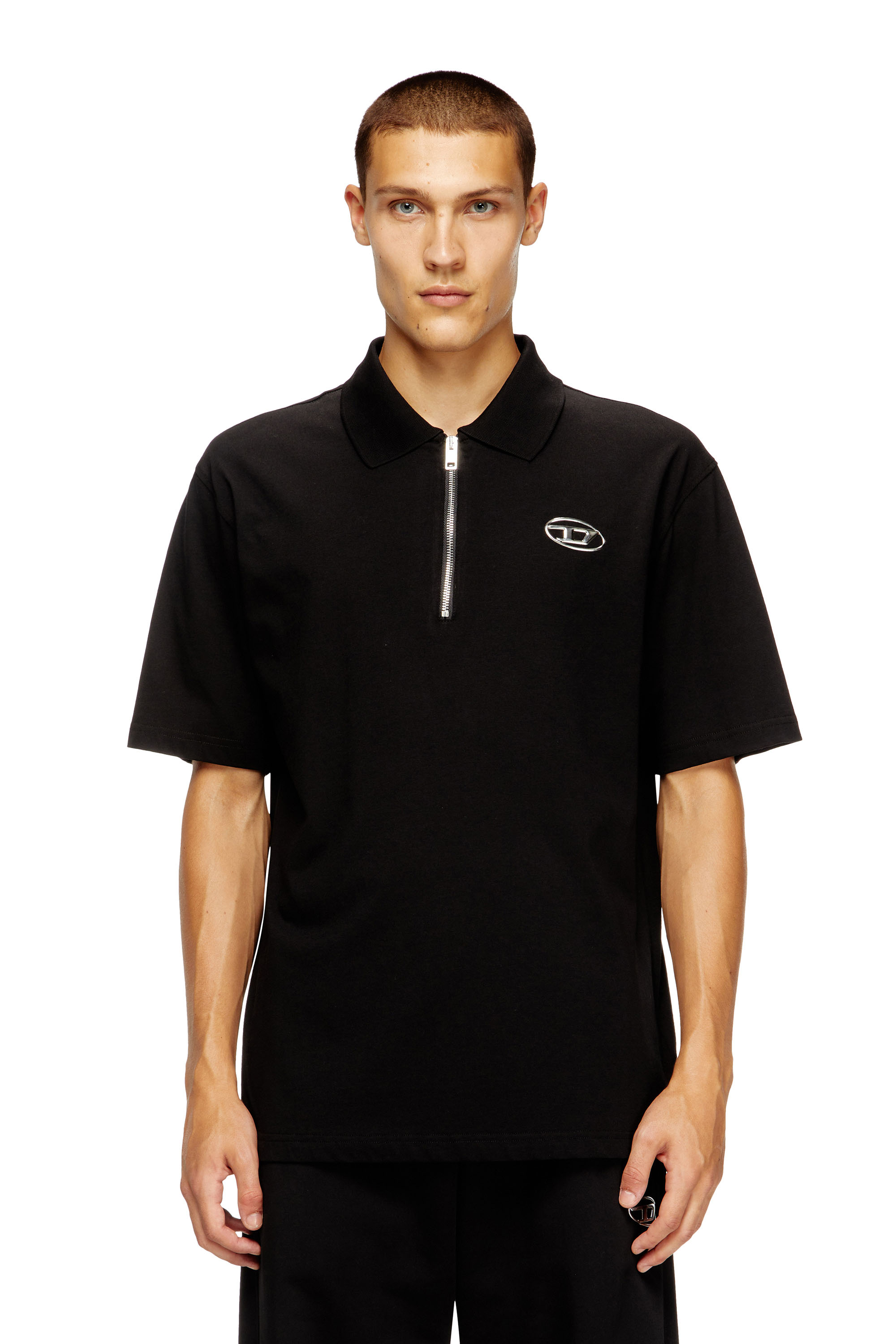 Diesel - T-VOR-OD, Man's Zip front polo shirt with laser cut Oval D in Black - 1