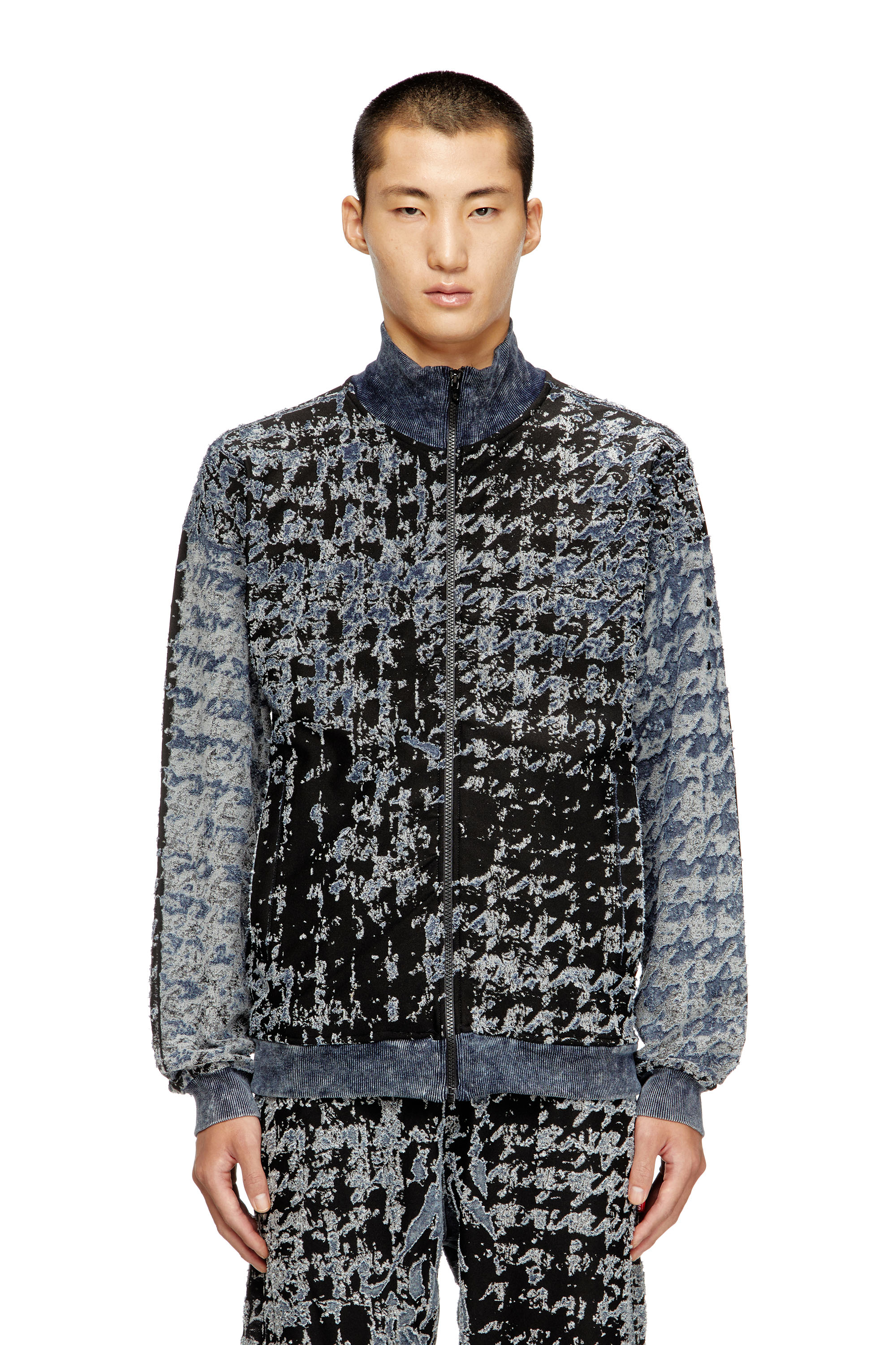 Diesel - S-CORR, Man's Devor&eacute; houndstooth zip-up top in Black/Blue - 3