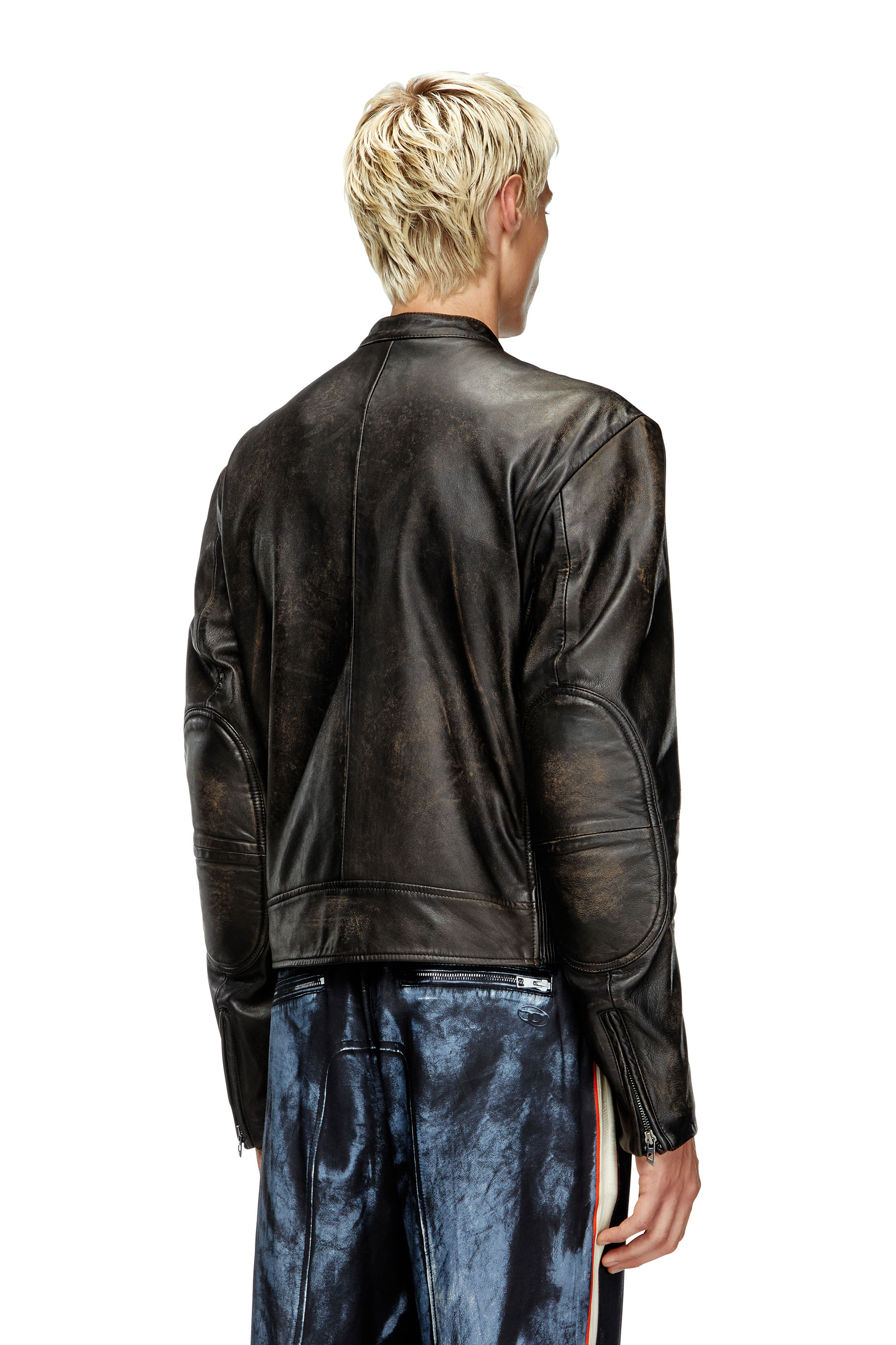 Diesel - L-AROSS, Man's Distressed leather biker jacket in Brown - 4