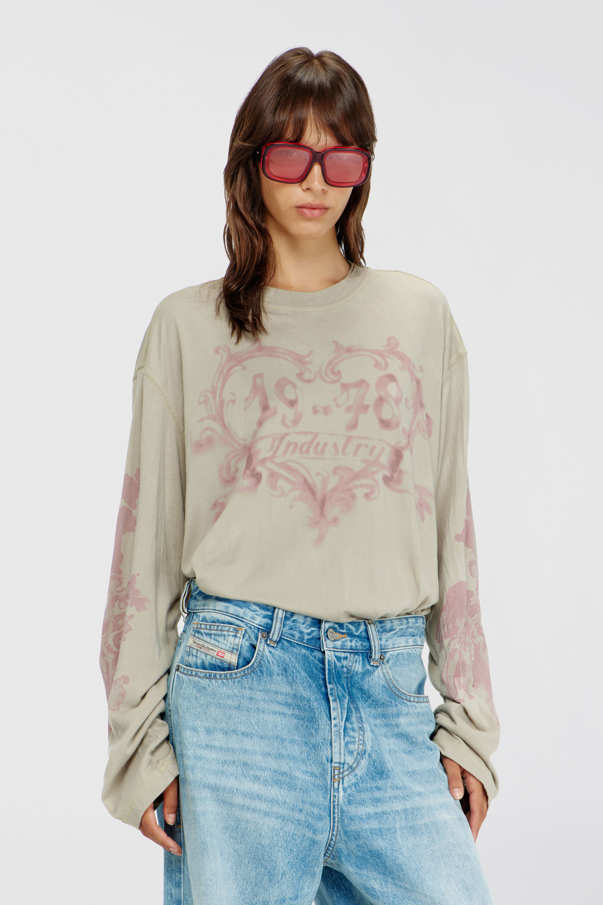Diesel - T-HILARY-LS-AA1, Woman's Cotton long-sleeve T-shirt with graphic print in Pink/Beige - 1