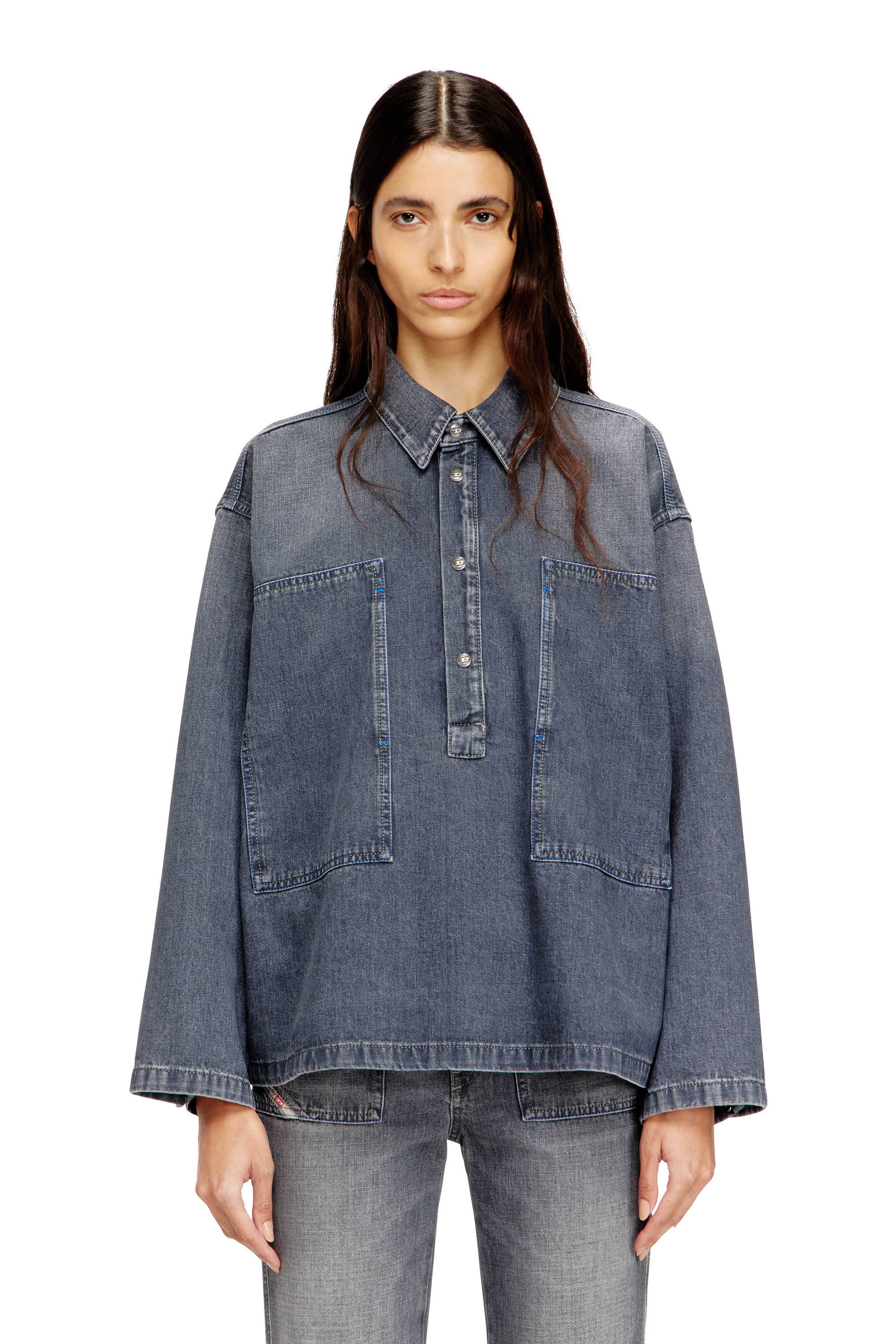 Diesel - DE-PRISS, Woman's Henley top in dirt-effect denim in Grey - 1