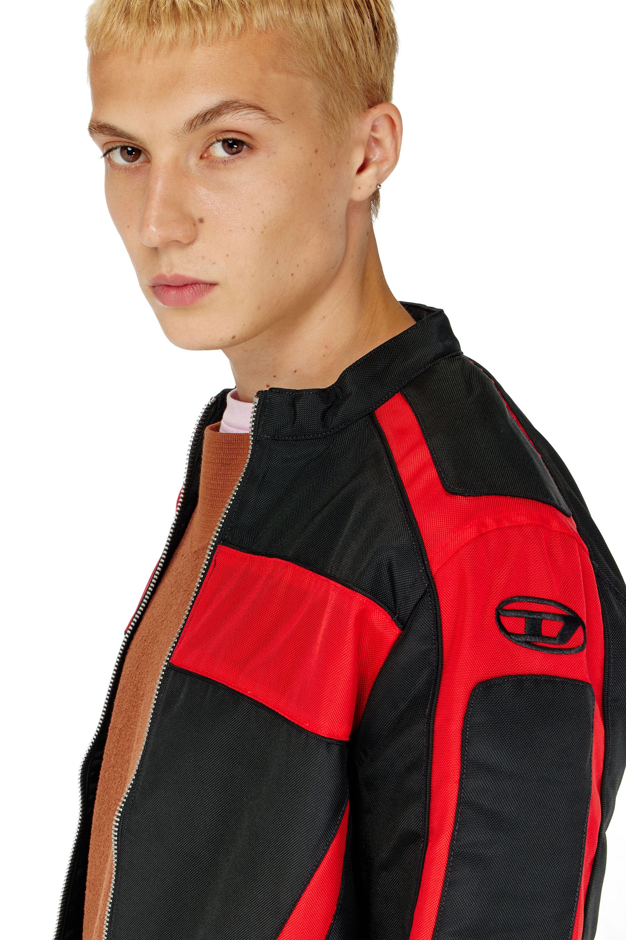 Diesel - J-ADAM-PDAI, Man's Biker jacket in colour-block canvas in Black/Red - 5