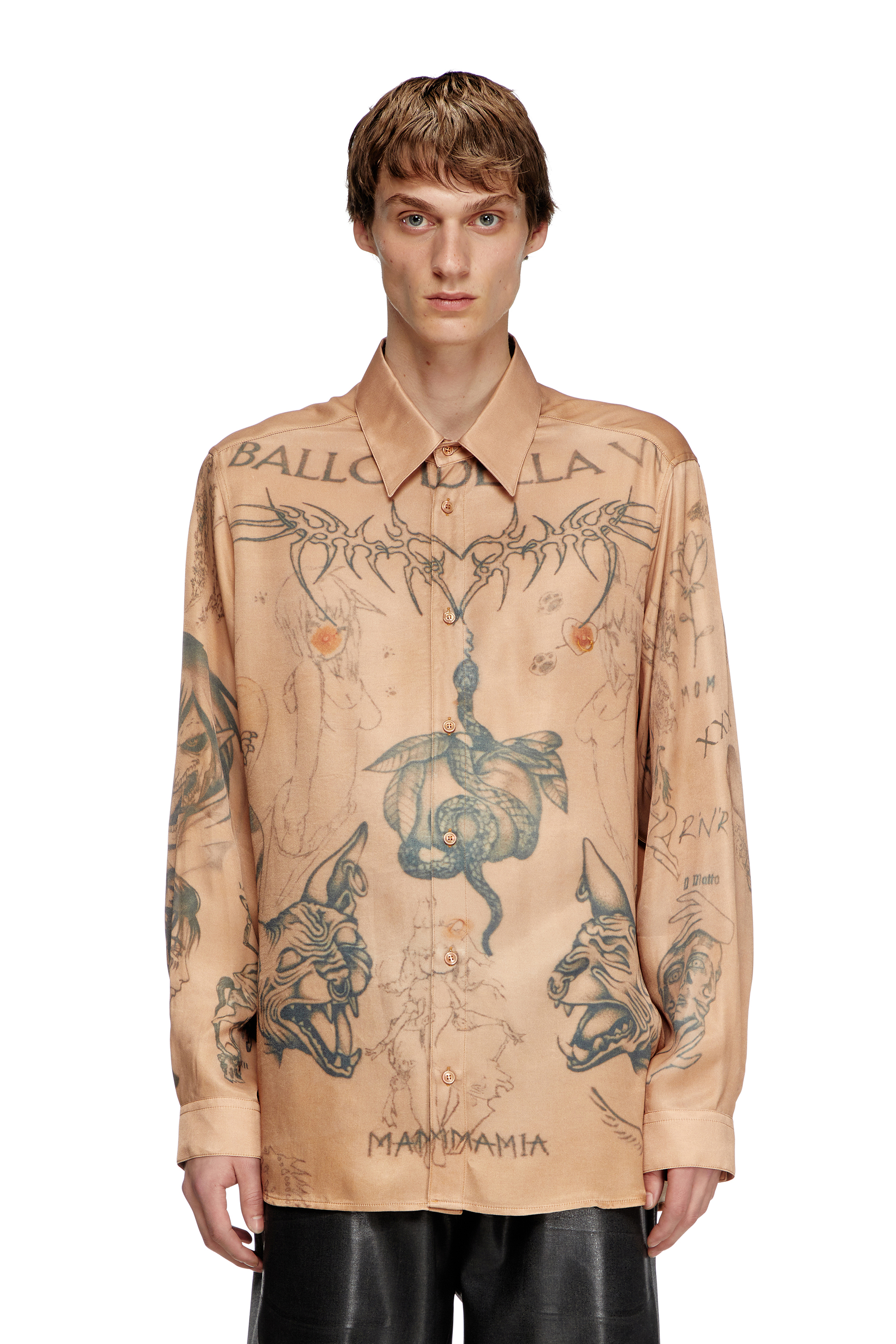 Diesel - S-SIMPLY-TTO-DD, Unisex's Fluid satin shirt with tattoo print in Beige - 5