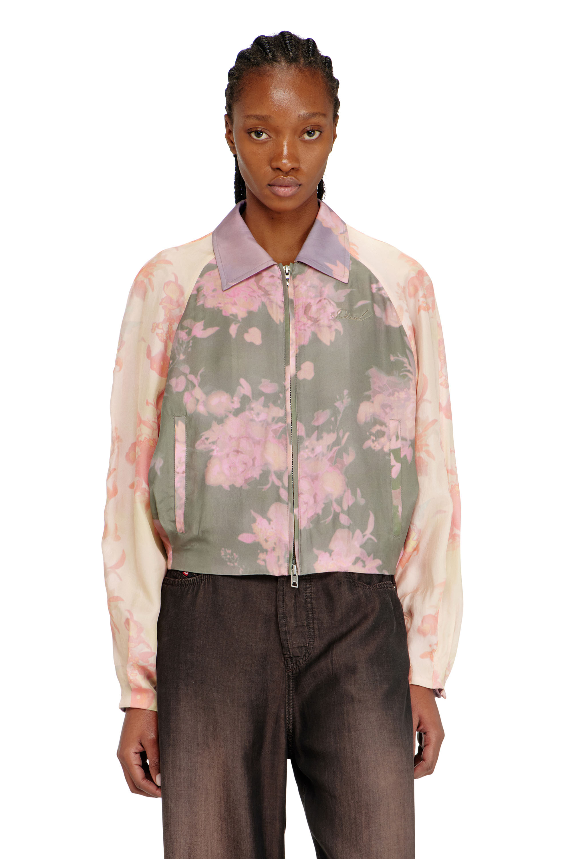 Diesel - G-ALENA, Woman's Floral bomber jacket in crinkled acetate in Green/Pink - 1
