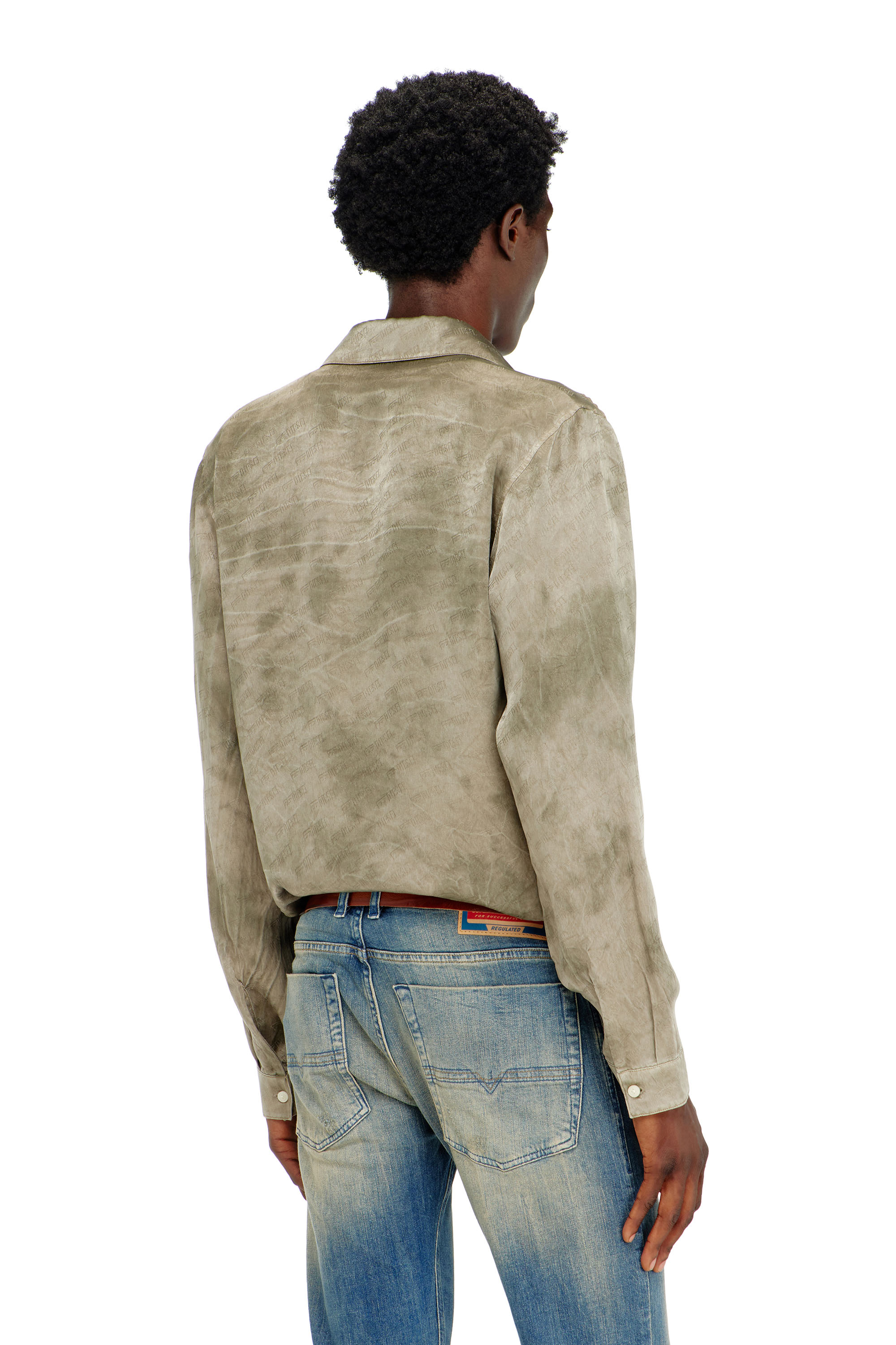 Diesel - S-KISSY-HNBW, Man's Shirt in logo-jacquard crinkled satin in Light Brown - 4