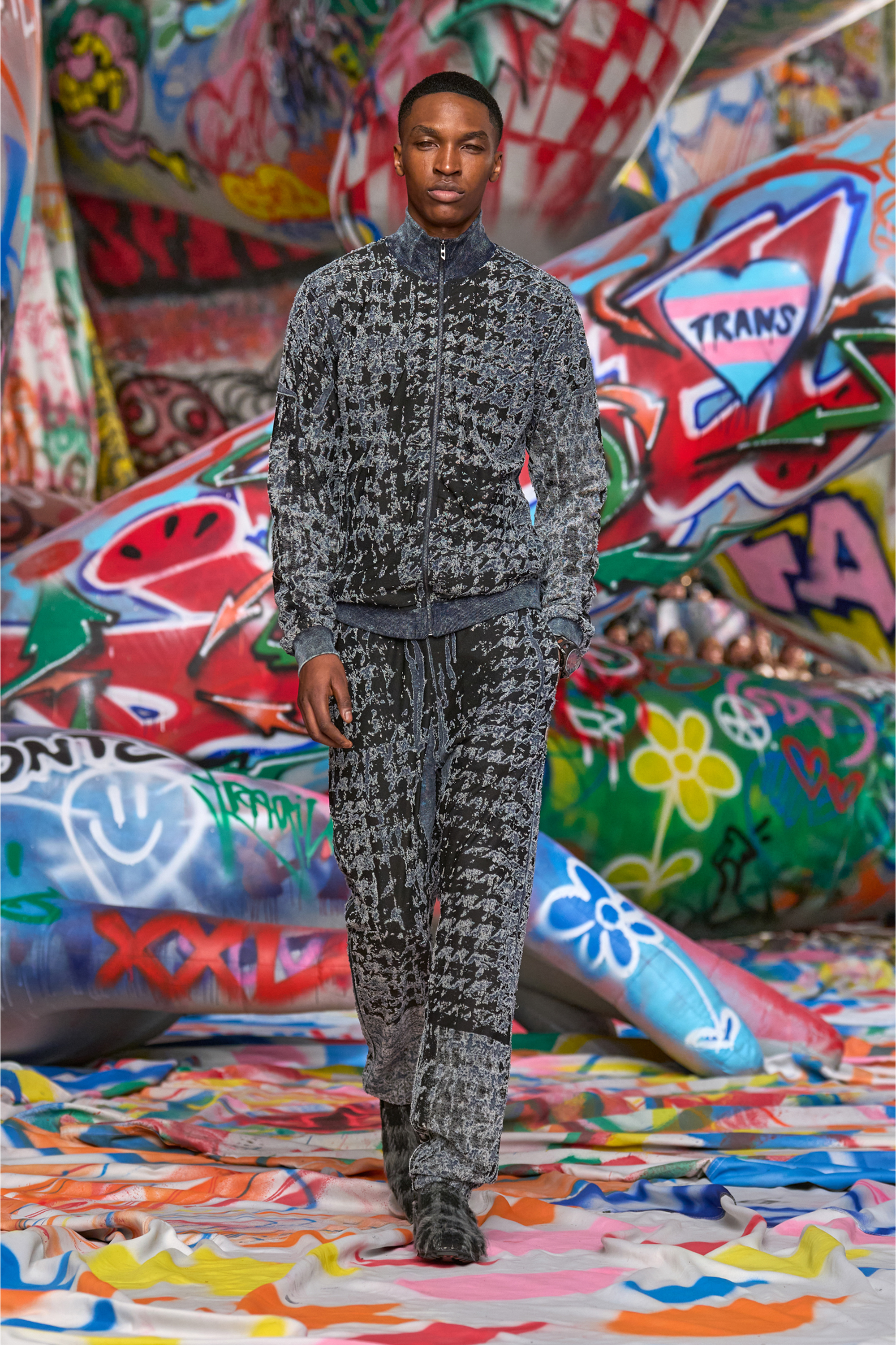 Diesel - S-CORR, Man's Devor&eacute; houndstooth zip-up top in Black/Blue - 6