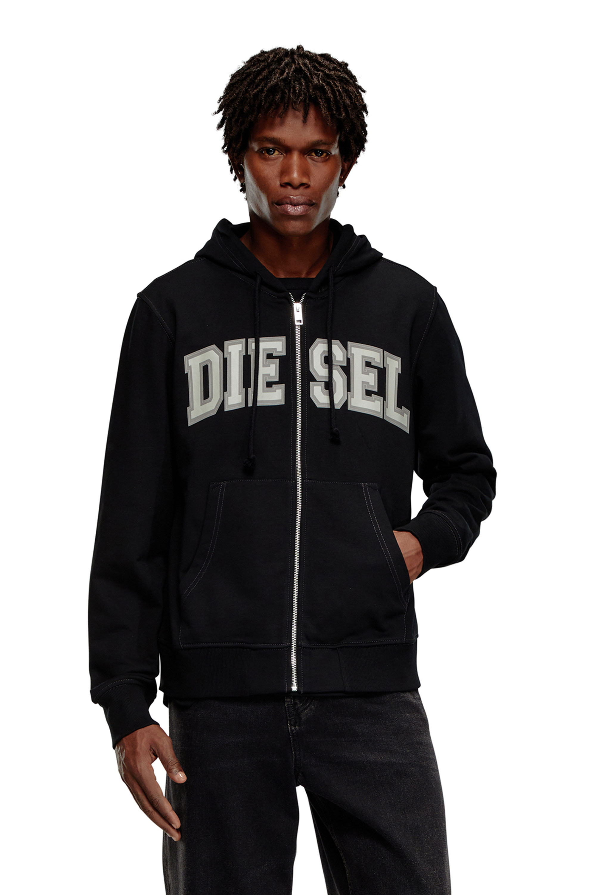 Diesel - S-GINN-HOOD-ZIP-K12, Man's Zip-up hoodie with collegiate graphics in Black - 3