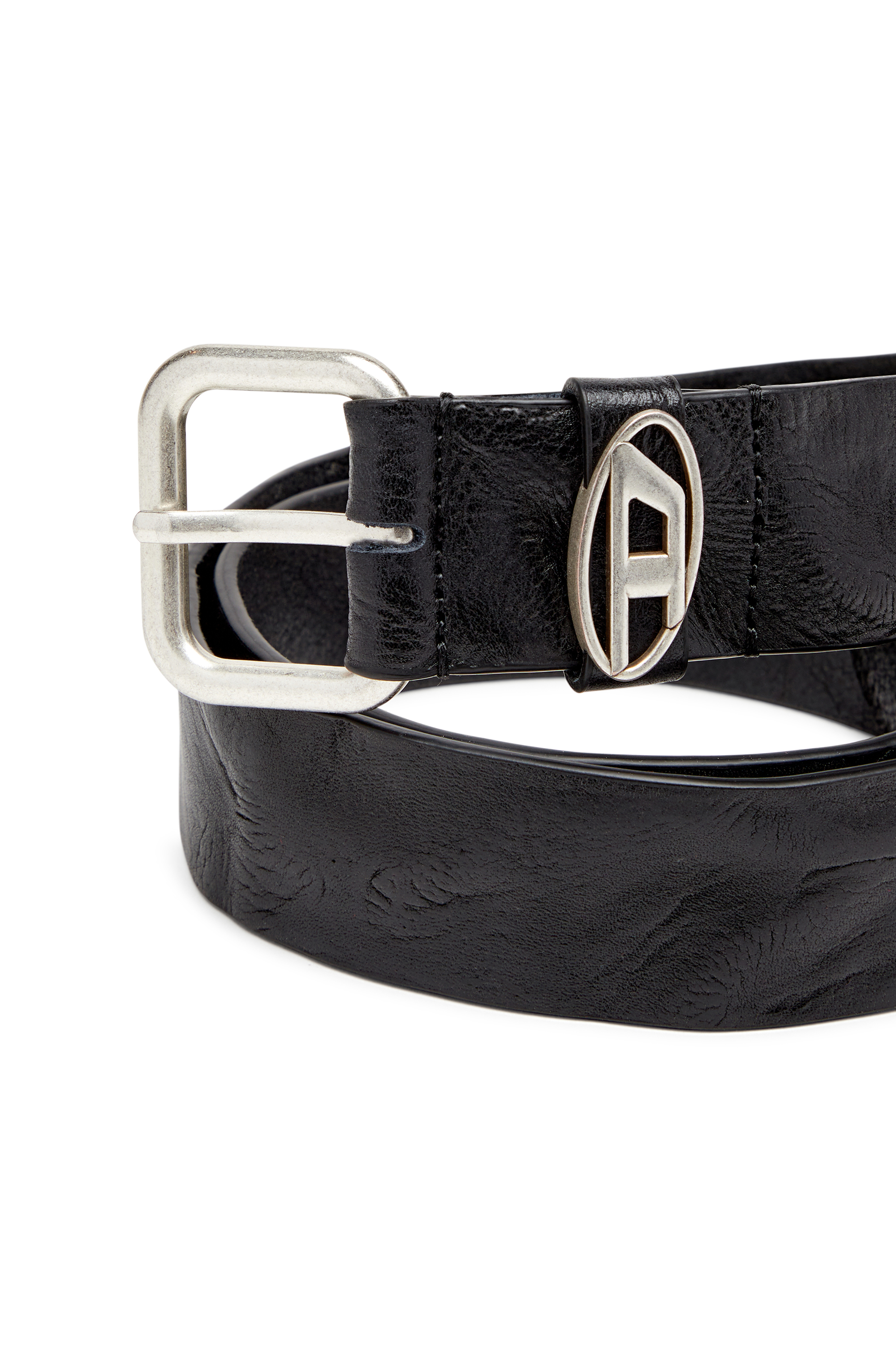 Diesel - B-1DR OVAL D LOOP, Unisex's 3.9cm logo-plaque wrinkled leather belt in Black - 3