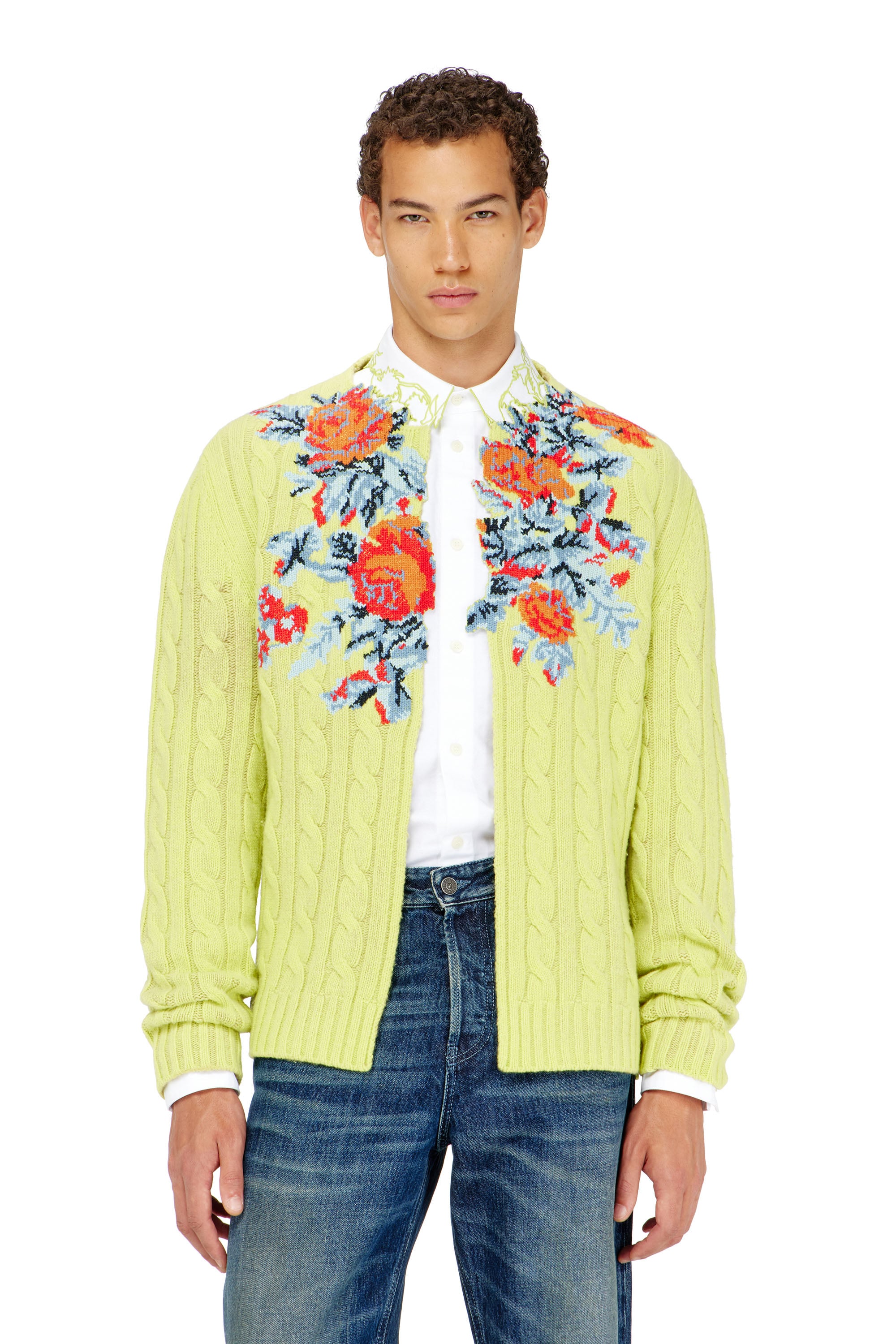 Diesel - K-RINO, Man's Open-front cardigan in floral cable knit in Green Fluo - 1