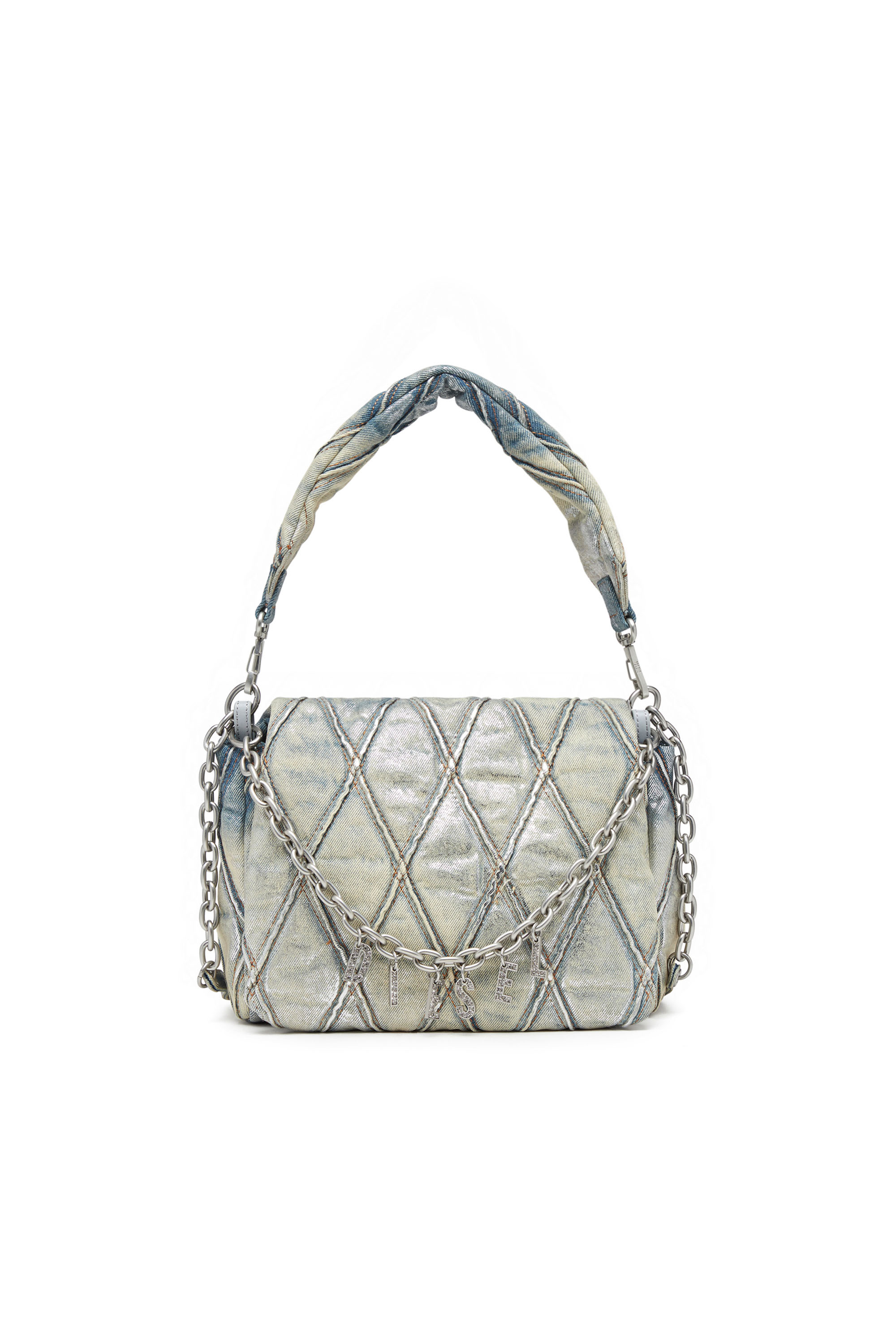 Diesel - CHARM-D SHOULDER M, Woman's Charm-D M-Shoulder bag in metallic quilted denim in Light Blue - 1