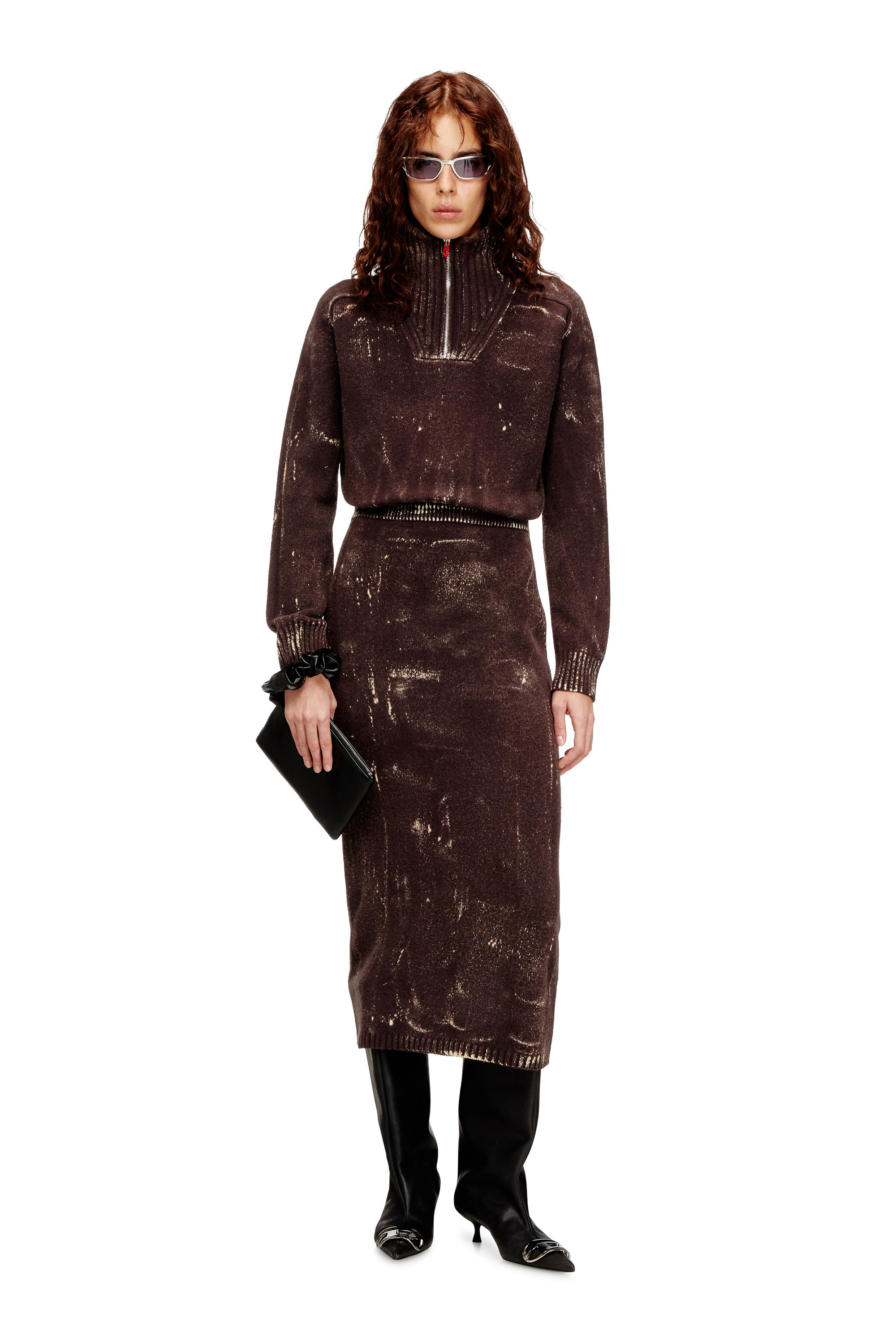 Diesel - M-MARCELLE, Woman's Midi dress in treated wool-blend knit in Brown - 1