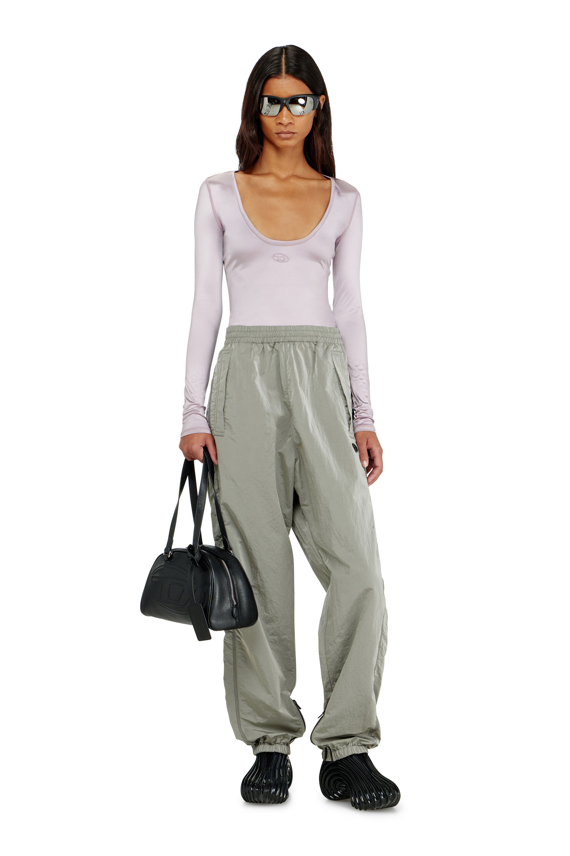 Diesel - T-ELPHIN-LS, Woman's Nylon slim top scoop neck with Logo Oval D embroidery in Lilac - 2