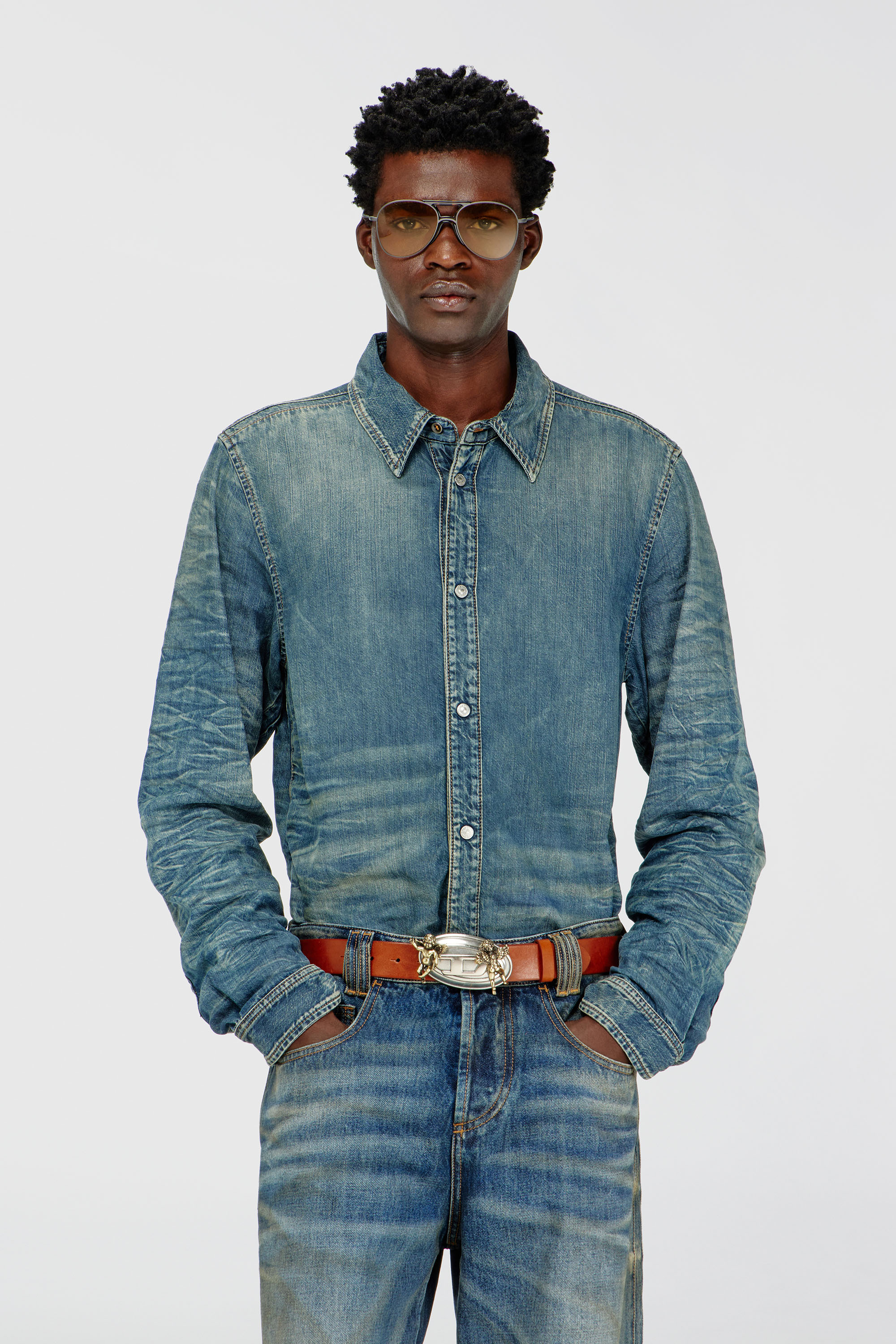 Diesel - D-SYNAR-FSJ4, Man's Shirt in dirty-effect creased denim in null - 3