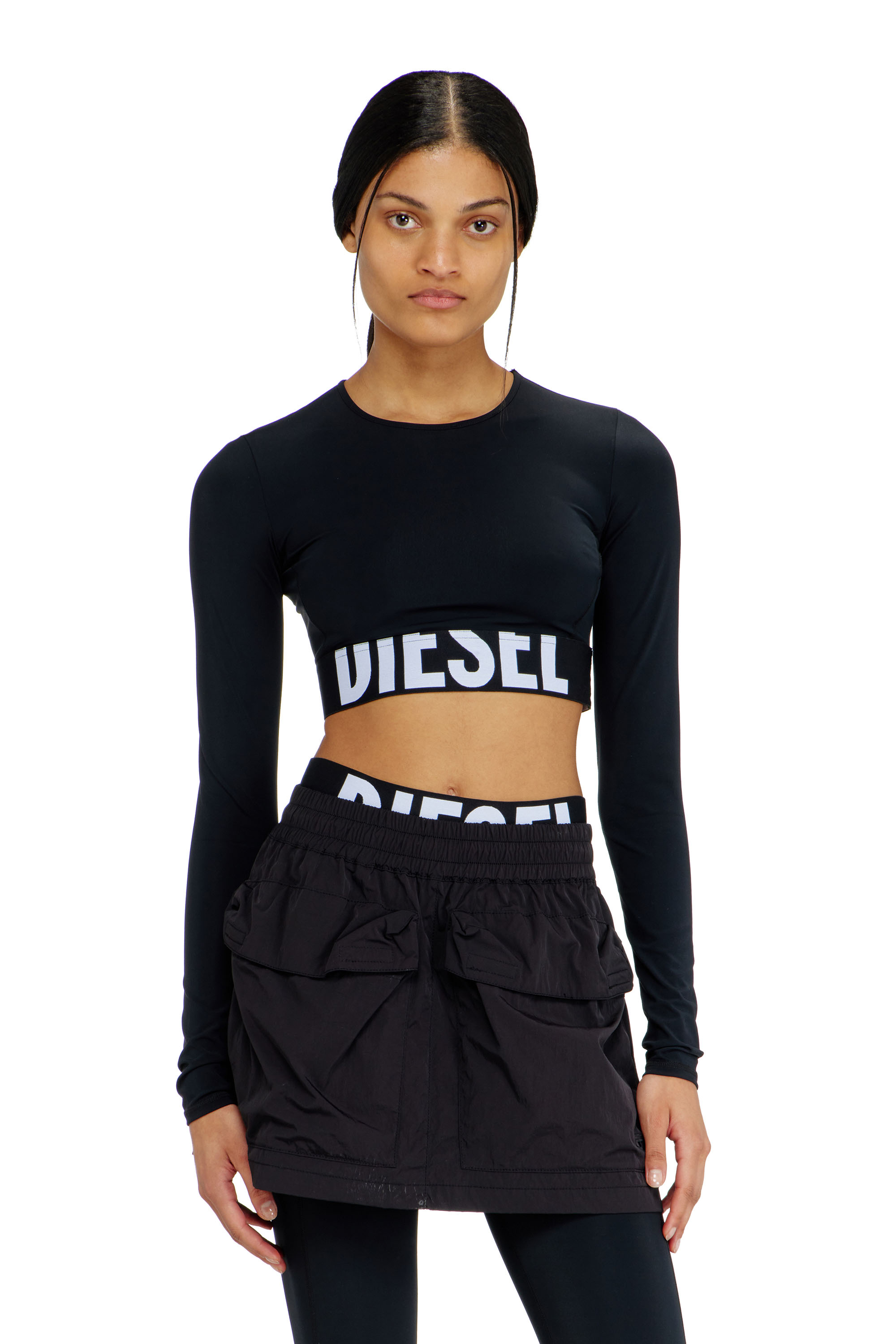 Diesel - MELISSA-D-POP, Woman's Microfibre crop top with cut-off logo in Black - 2