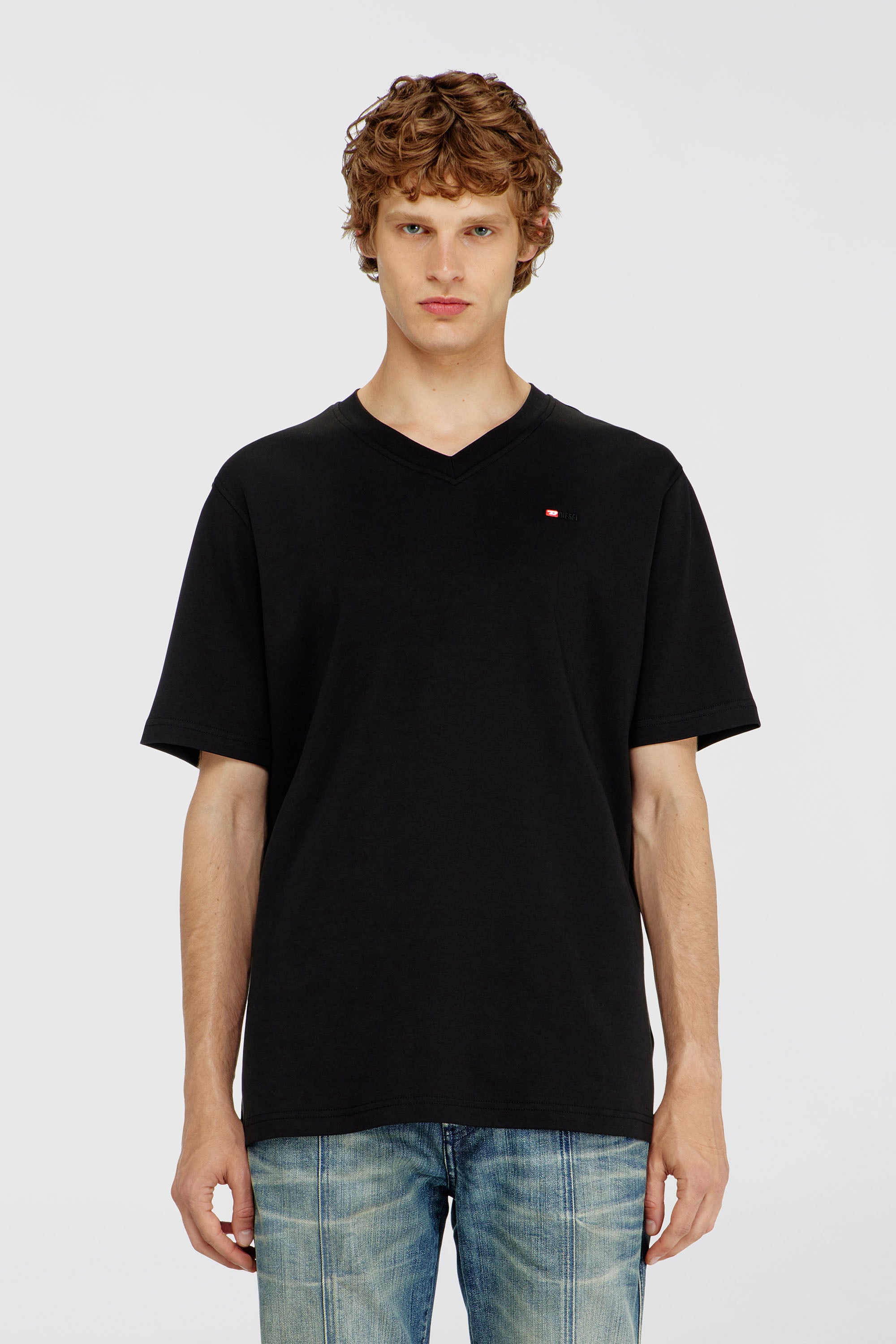 Diesel - T-ADJUST-V-MICRODIV, Man's V-neck T-shirt with micro logo embroidery in Black/Red - 1