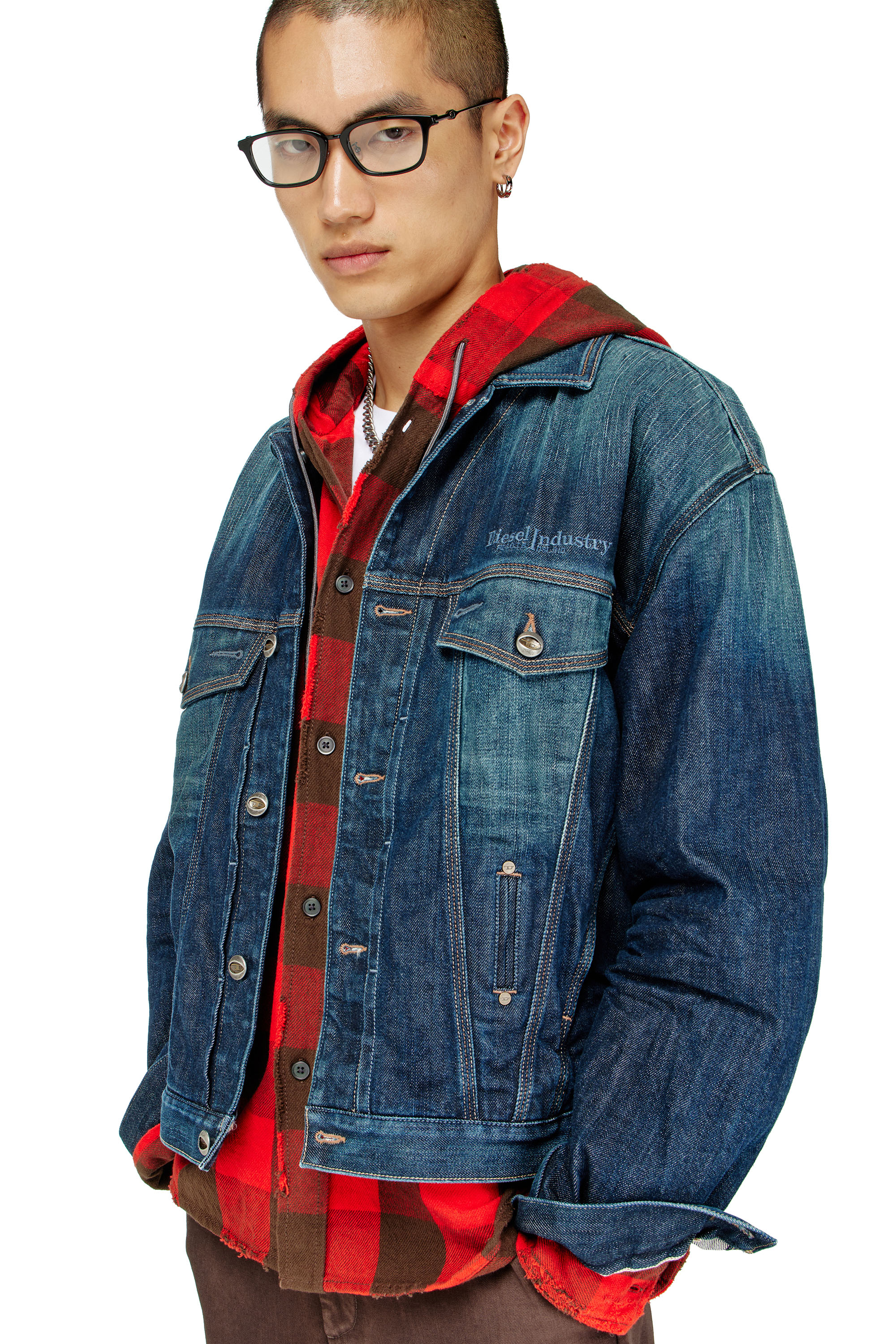 Diesel - S-DRUM-HOODY, Man's Distressed hooded shirt in check flannel in null - 5
