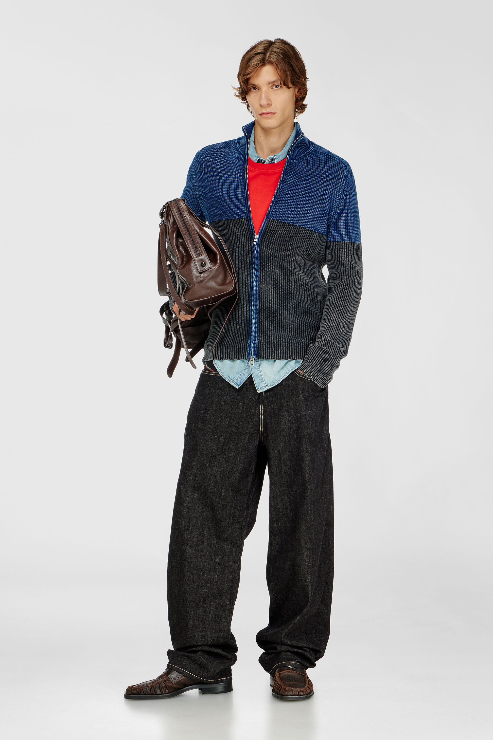 Diesel - K-HERMOS, Man's Zip-up cardigan with two-tone denim effect in Black/Blue - 2