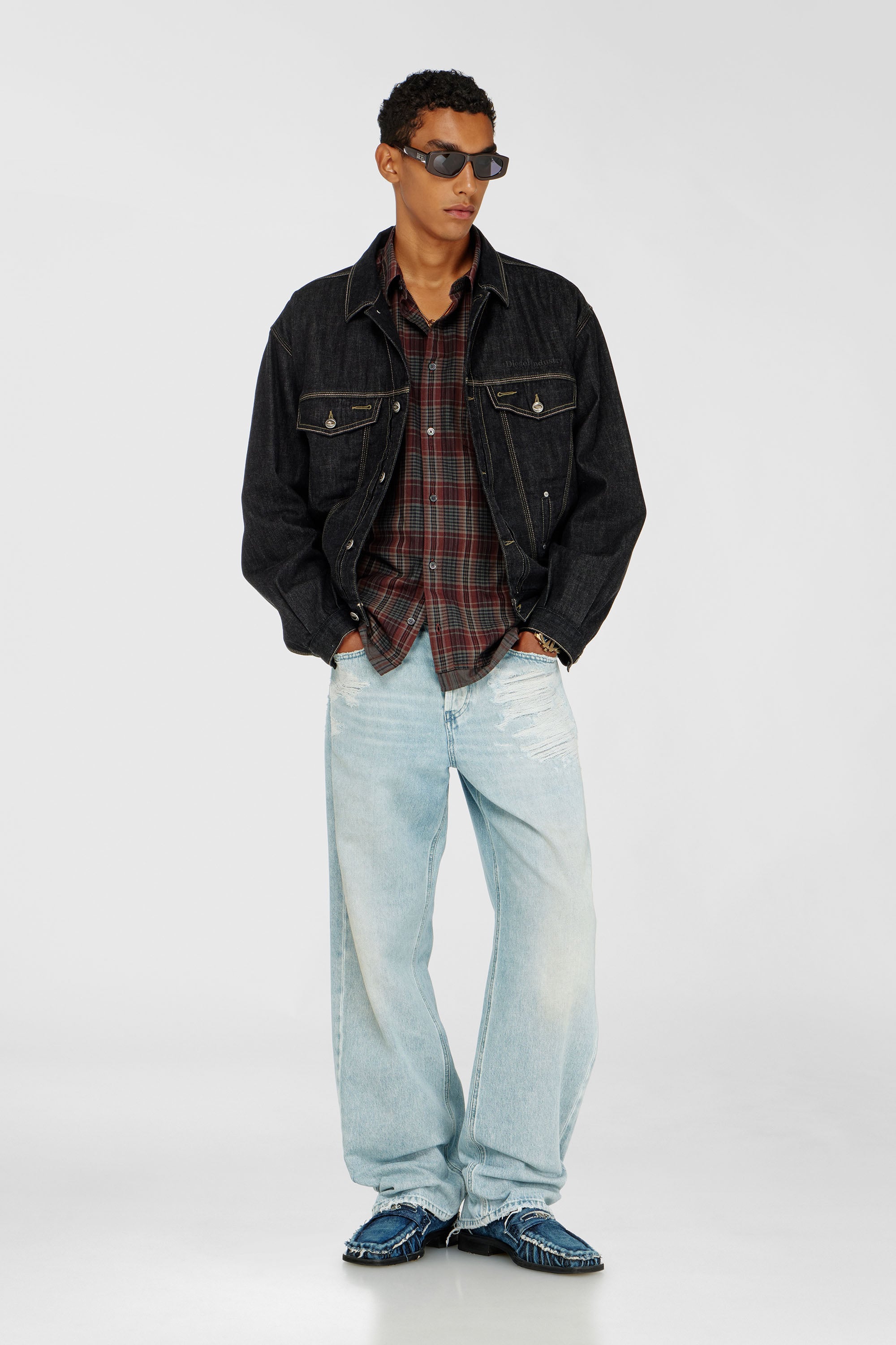Diesel - S-TEN, Man's Shirt in metallic check flannel in Grey/Red - 2